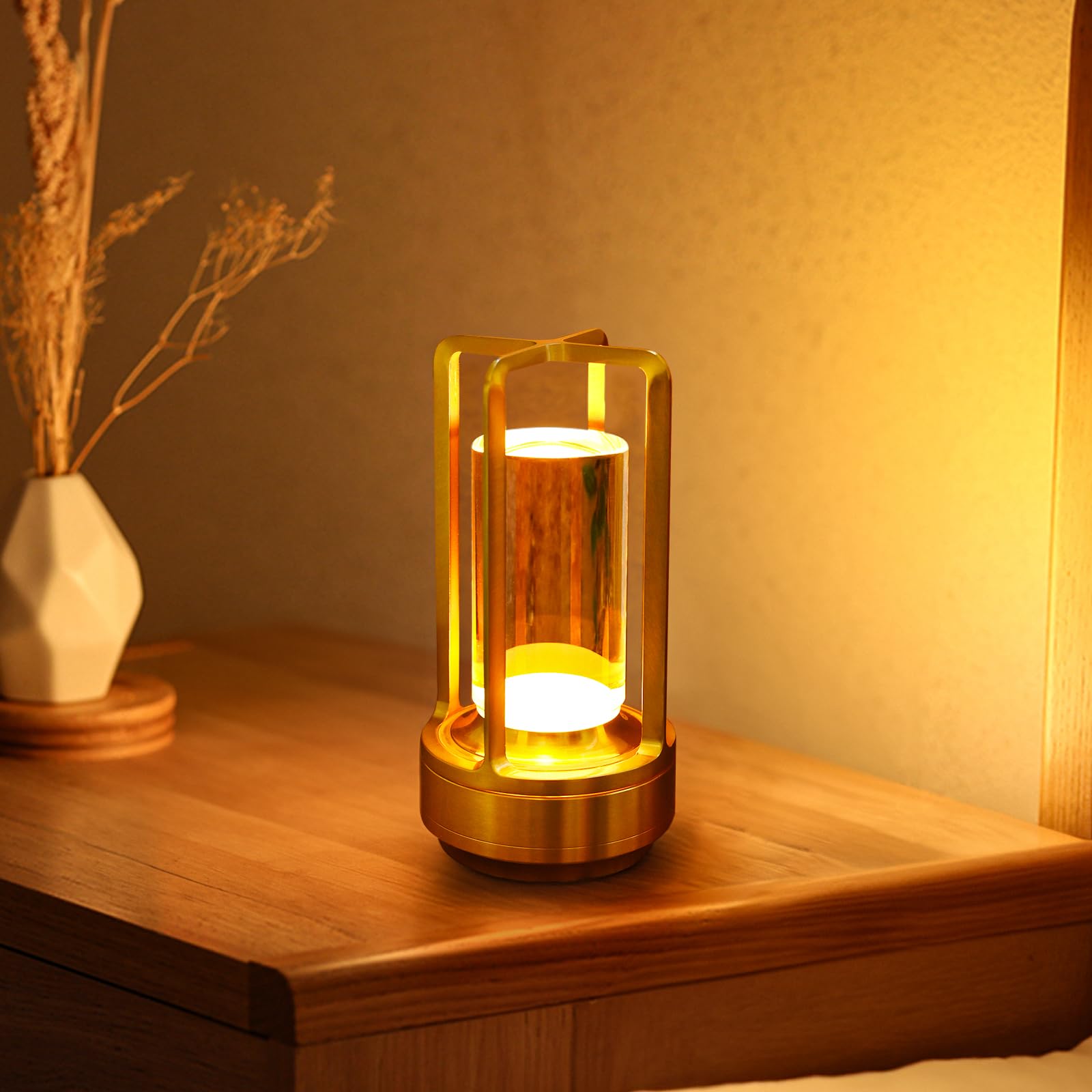 Cordless Table Lamp With Touch Sensor, Lumisom Crystal Table Lantern Lamp, Rechargeable Cordless Led Lamp, 3 Color 3200Ma Stepless Dimming Touch, Desk Lamp For Bedroom Restaurant Home Outdoor (Gold)