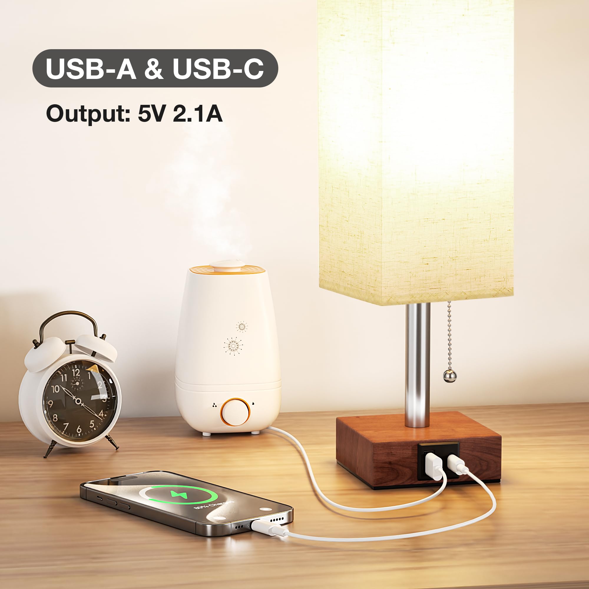 Aooshine Red Brown Small Table Lamp For Bedroom - 3 Color Temperature 3000K 5000K 4000K Bedside Lamp, Pull Chain Control, Usb A