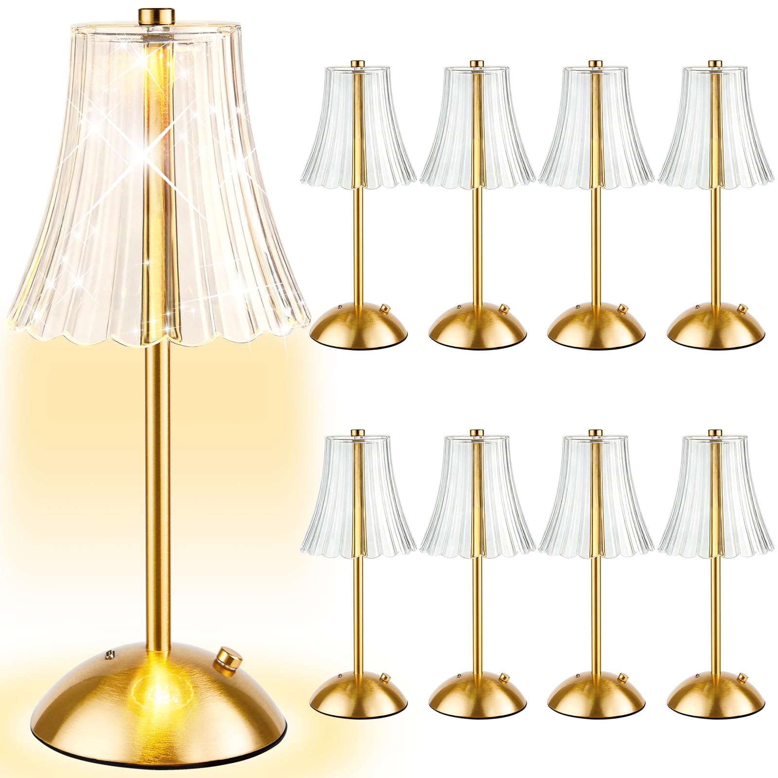 Bornerwhite 8 Pcs Cordless Table Lamp Gold Cordless Battery Operated Touch Table Lamps Rechargeable 3 Color Dimmable LED Portable Flower Lamp for Bedroom Living Room Kitchen Dining Outdoor