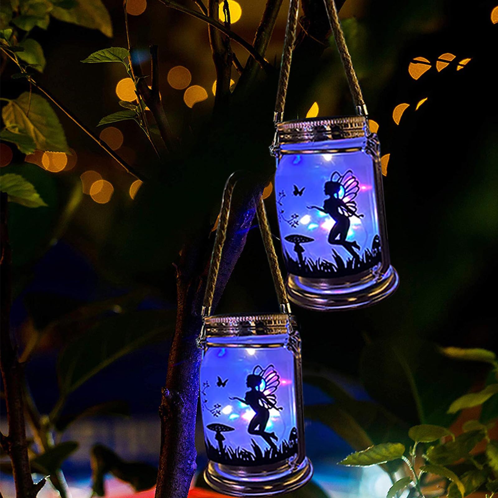 ANGMLN Solar Fairy Lantern - 2 Pack Outdoor Night Lights, Frosted Glass Jar, Multicolor, Hanging Lamp for Garden Decor