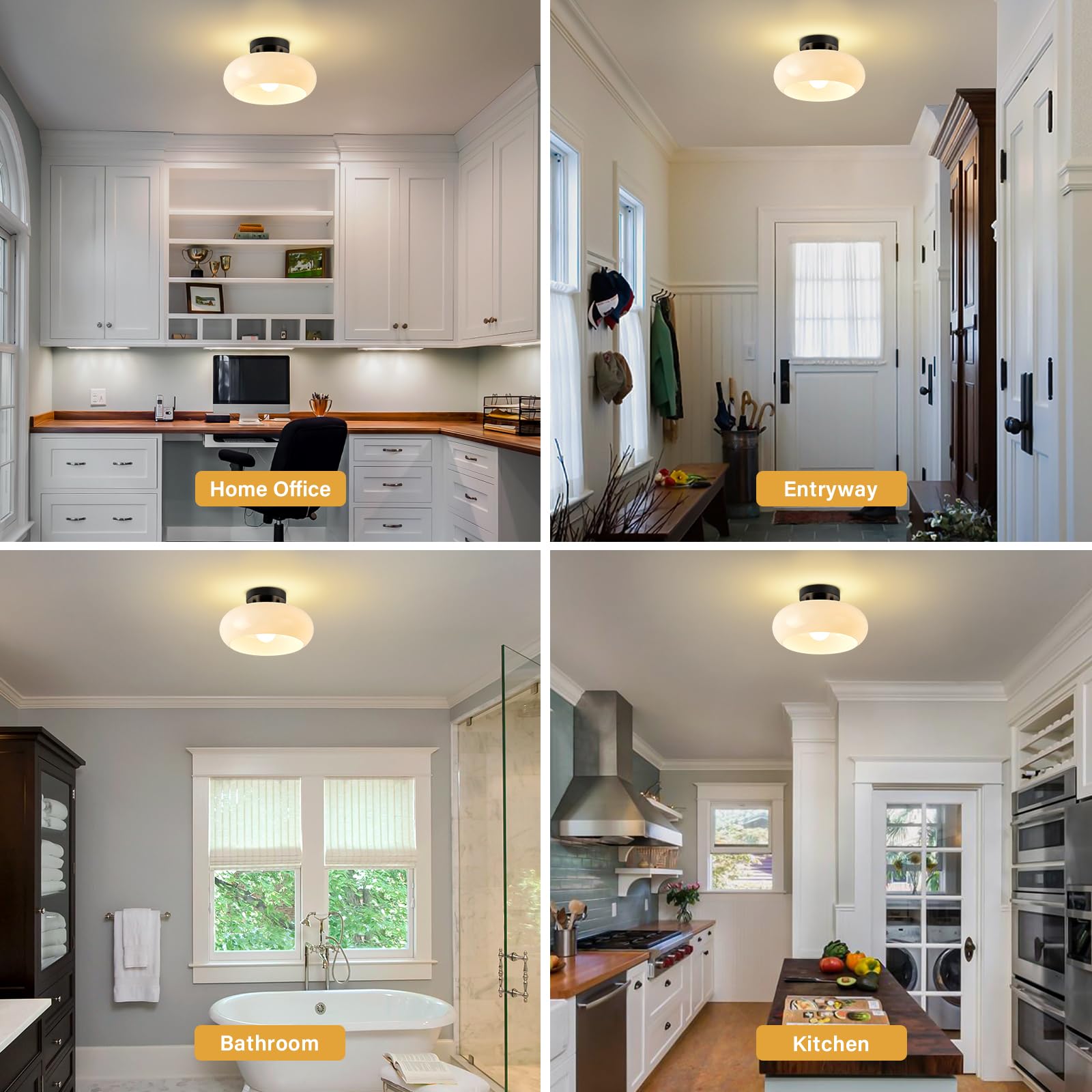 Mid-Century Modern Black Semi Flush Mount Ceiling Light,White Glass Dome Hallway Lighting Fixtures,Metal Close To Ceiling Lamp F