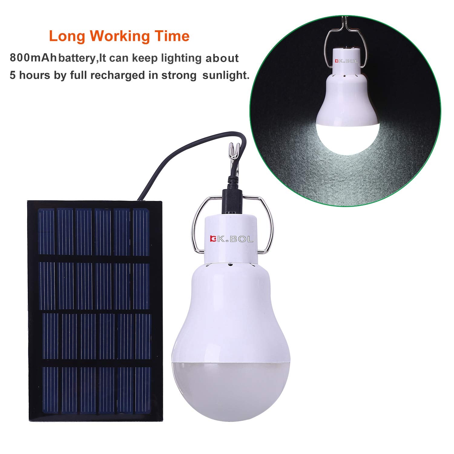 KK.BOL Solar Light Bulb - Rechargeable LED Lamp for Indoor/Outdoor Use, 1 Count, White, Model S-1200, Ideal for Camping and Emergency Lighting
