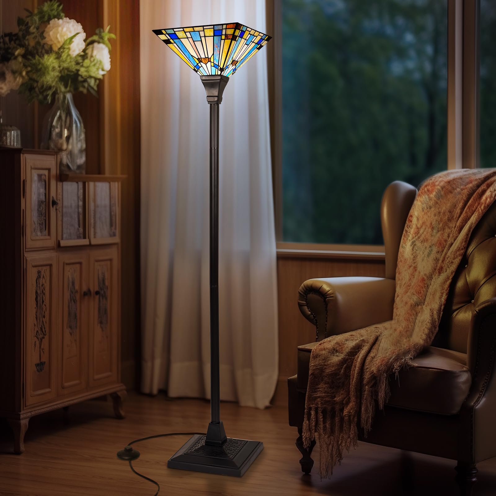 Capulina Tiffany Torchiere Floor Lamp - 70" Tall, Green Blue Rustic Style, Stained Glass Decor for Living Room, Bedroom, Home Office