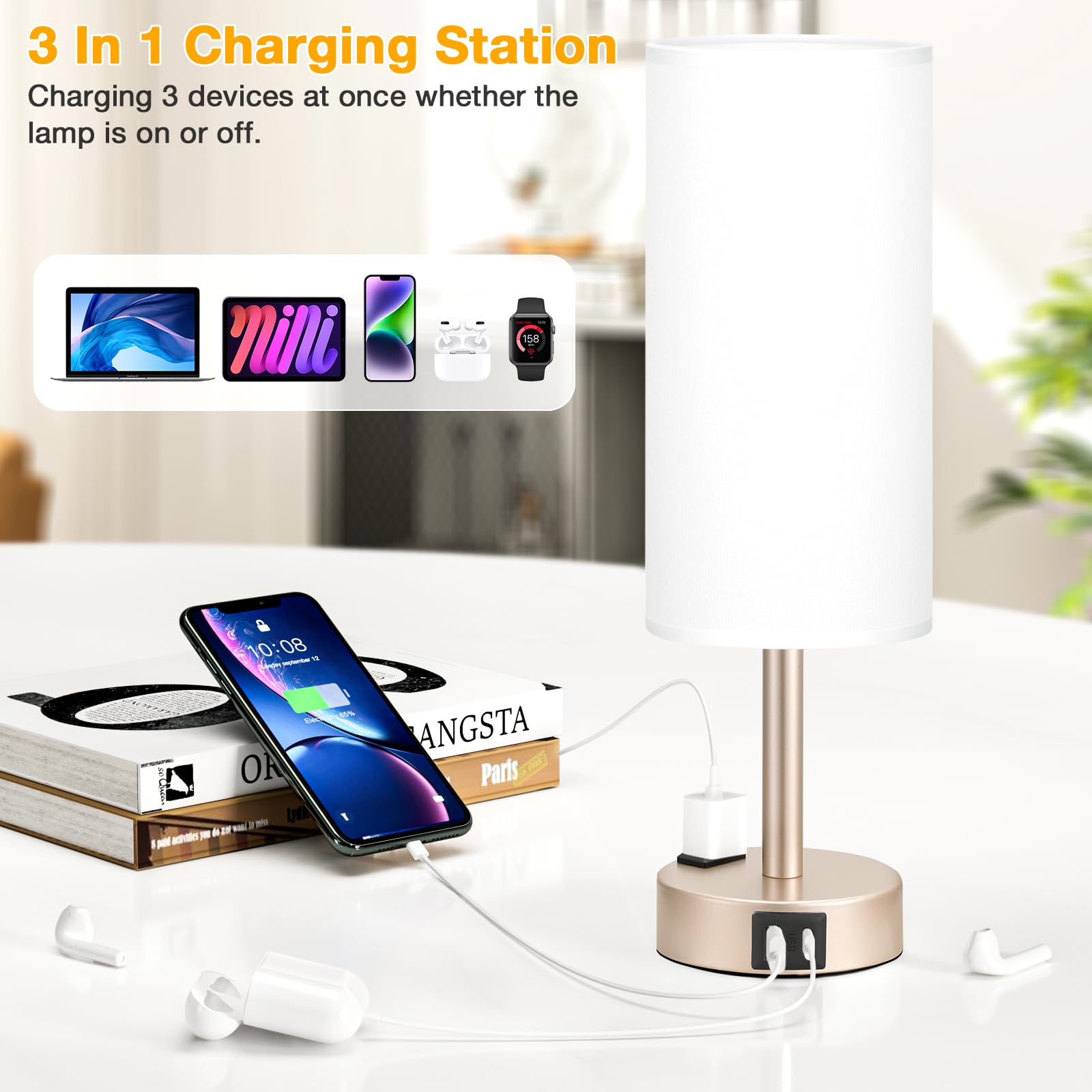 Touch Bedside Table Lamps Set - 3 Way Dimmable Bedroom Lamps Set Of 2 With Usb C And A Ports, Small Lamps For Nightstand With Ac