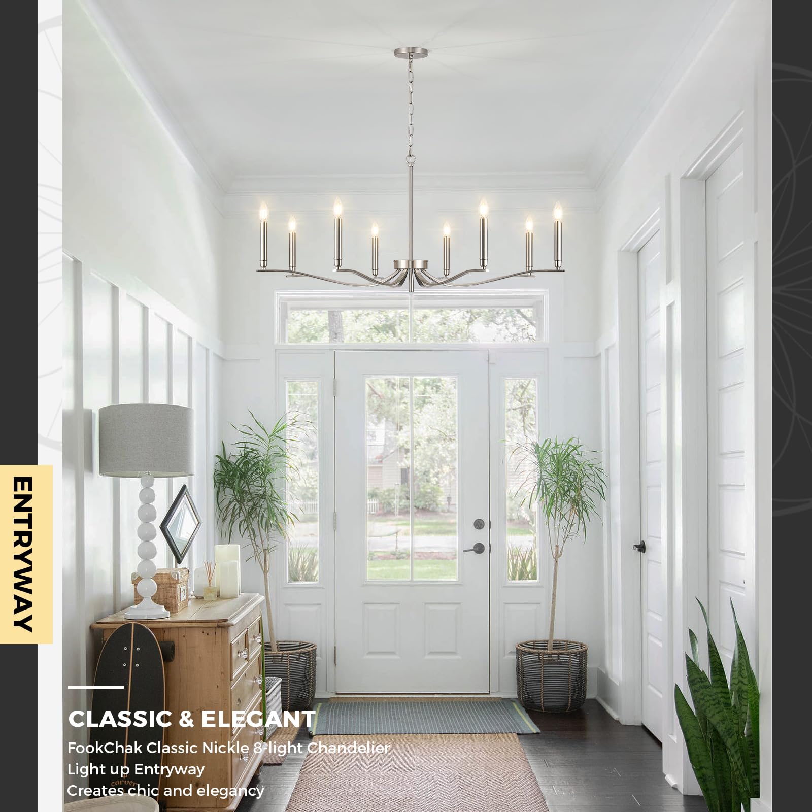 Fookchak Nickel Chandeliers For Dining Room  8-Light Chandelier Light Fixture Over Table Modern Candle Chandelier 44In Master Bedroom Chandeliers Lighting For Entry Foyer Bathtub Living Room