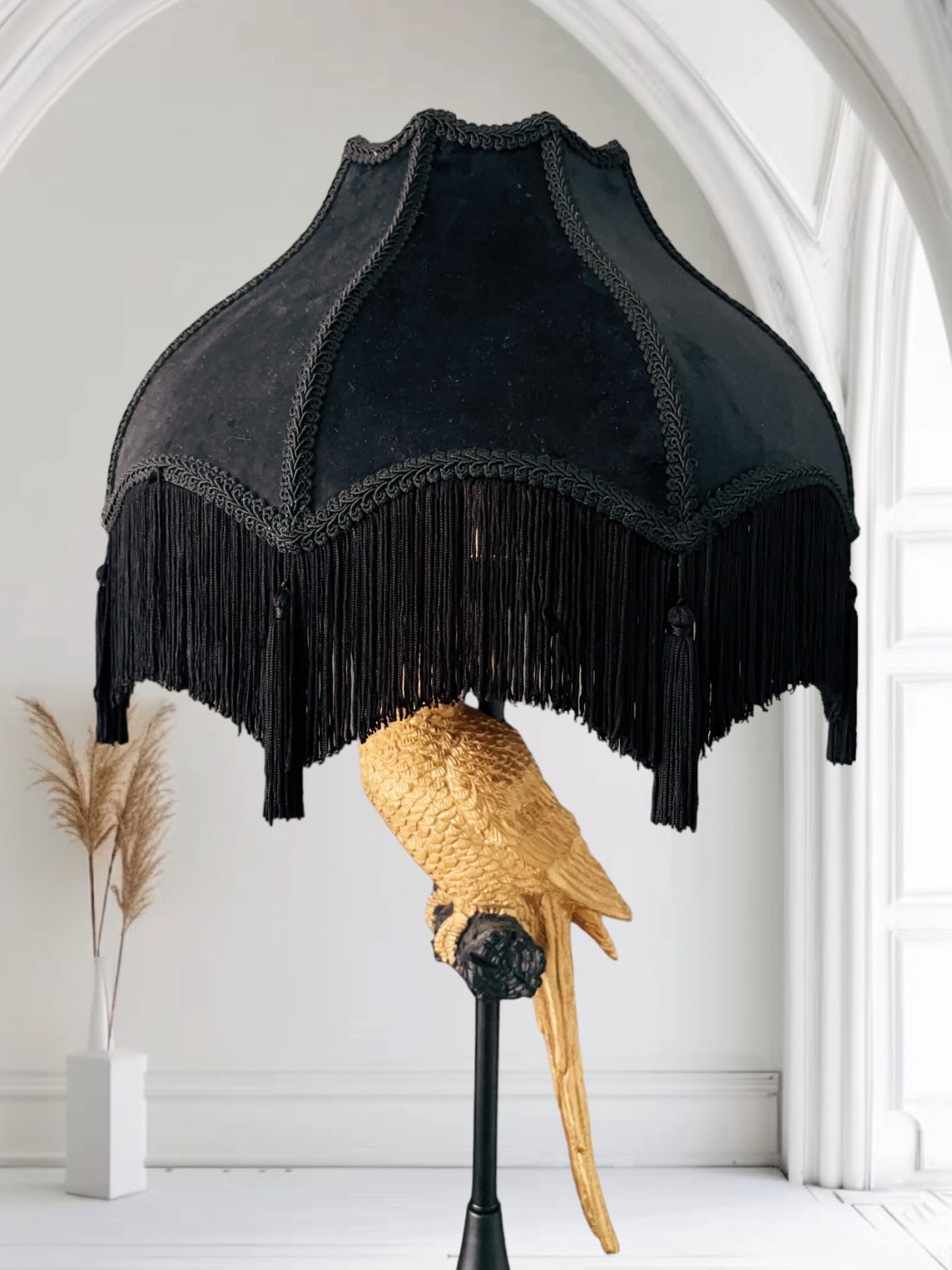 Generic Velvet Lamp Shade - Victorian Style Bell Shape with Tassels, Large, Midnight Black