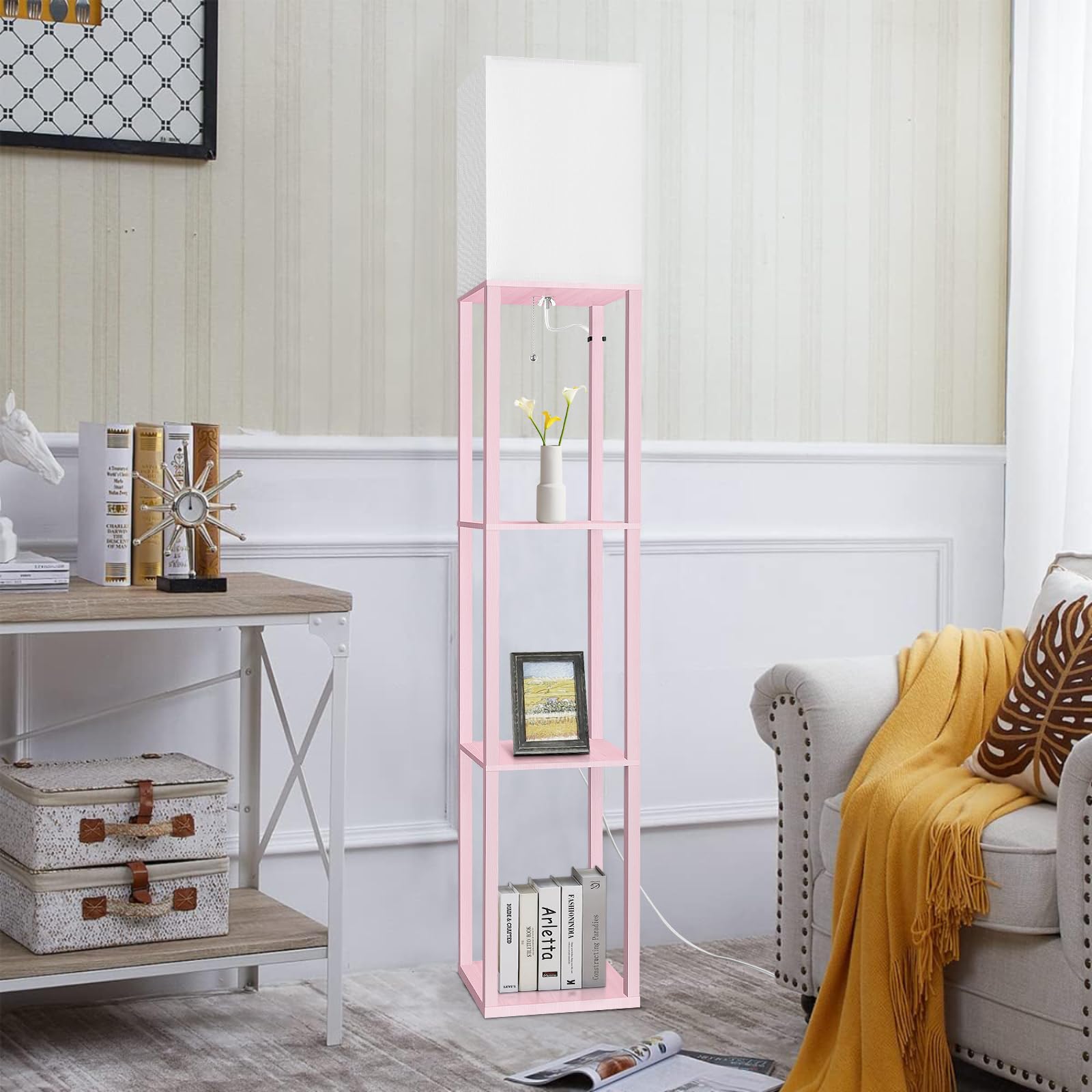 Dott Arts Floor Lamp with Shelves, 10.2in Wide, Wood, Pink, Model WLM1600-FLA-8W-13, Modern LED Standing Lamp for Living Room and
