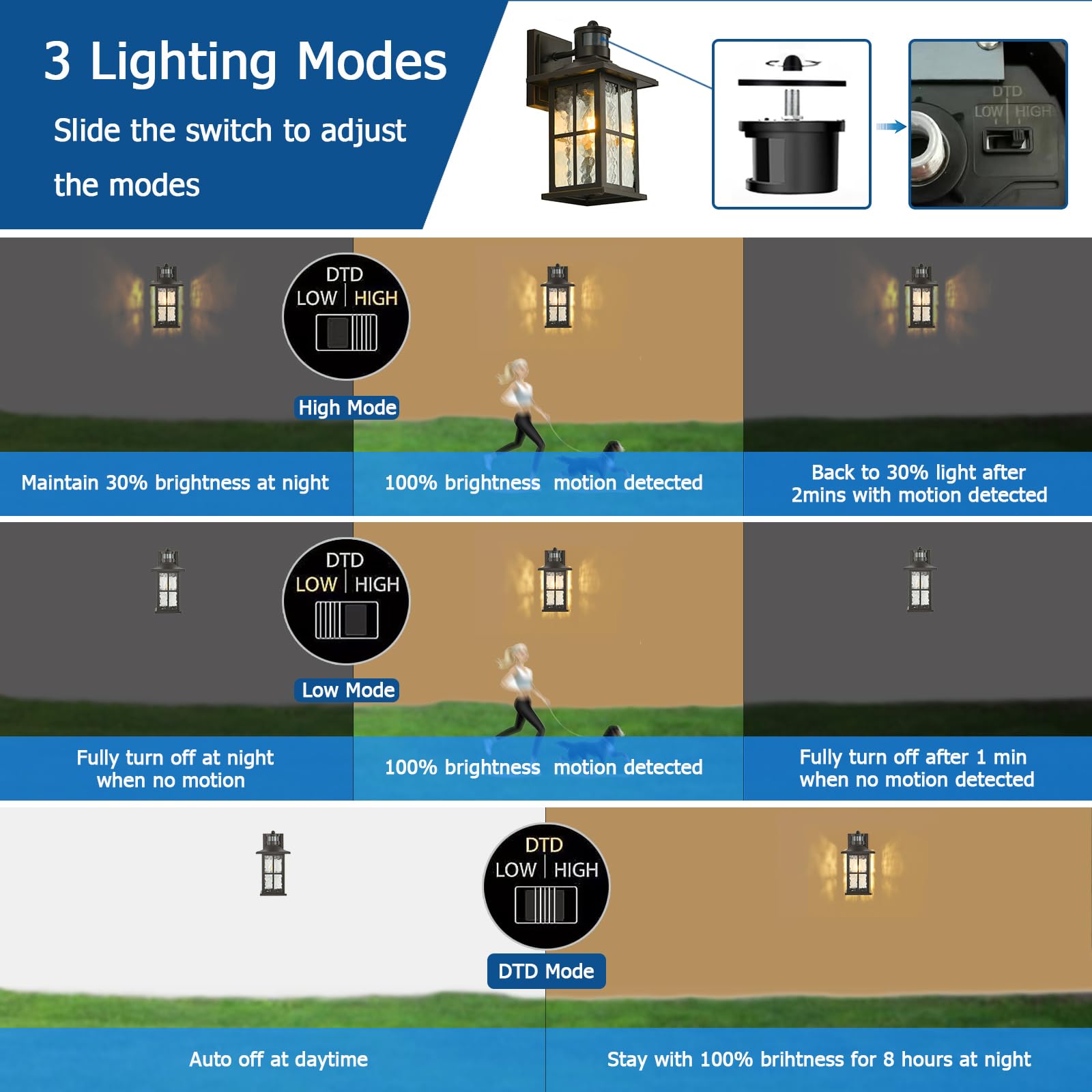FLEDAVID Motion Sensor Outdoor Porch Lights, Dusk to Dawn, Waterproof Wall Lantern, 2 Pack, Black with Gold Trim