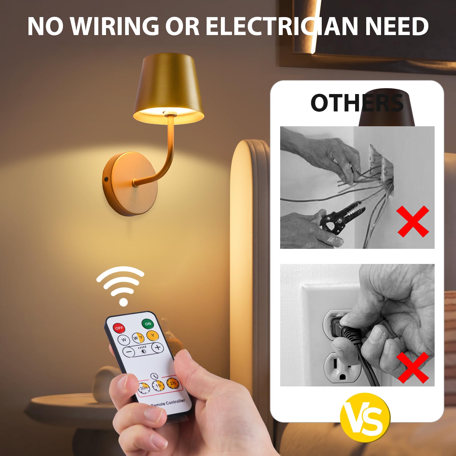 IMQSQIK LED Wall Lamp Set of 2, Rechargeable 5600mAh, Touch Control, Gold, Model RQ-14-2Pack