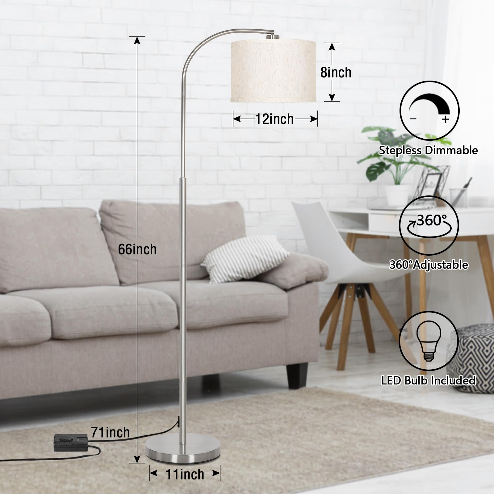 Boncoo Dimmable Arc Floor Lamp with Adjustable Drum Shade, 9W 3000K LED Bulb, Silver Finish, Model FL-SR