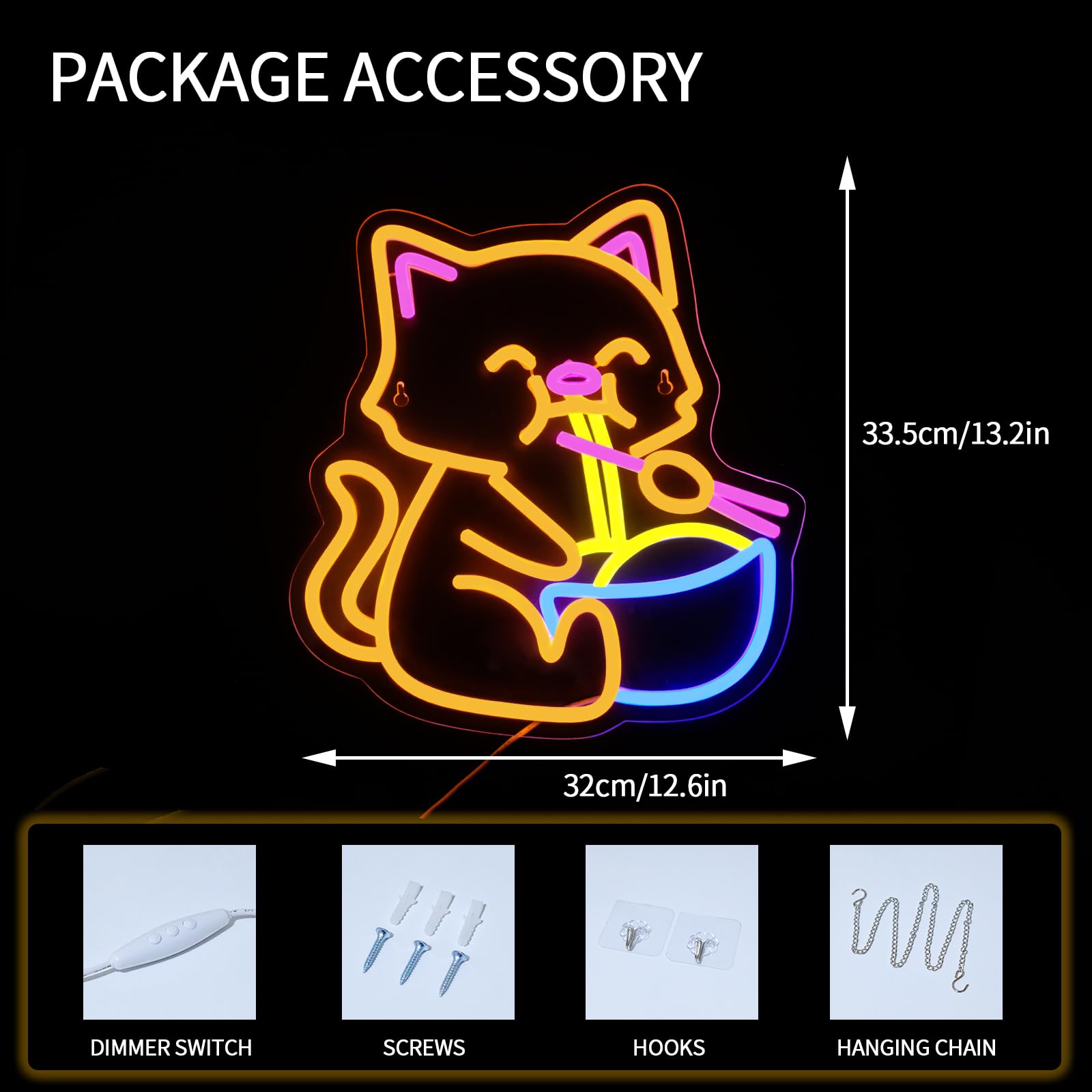 Virlusy Cat Ramen Neon Sign - Dimmable LED Wall Decor, Medium Acrylic, Yellow & Blue, Model YL-Cat, USB Powered for Home & Bar