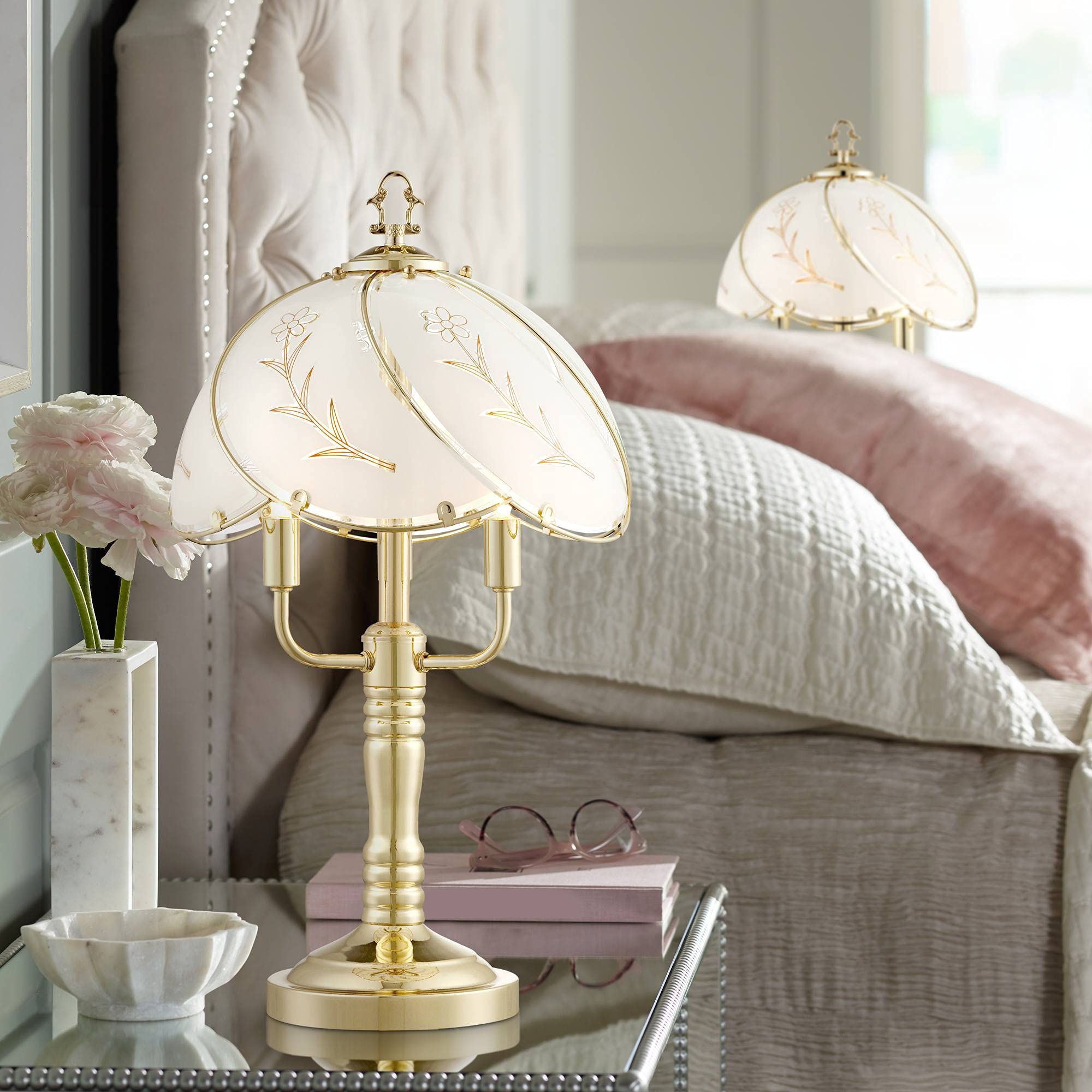 Regency Hill Flower 19 1/2 High Small Traditional Accent Table Lamps Set of 2 Touch On-Off 3-Light Gold Brass Finish Glass Shade