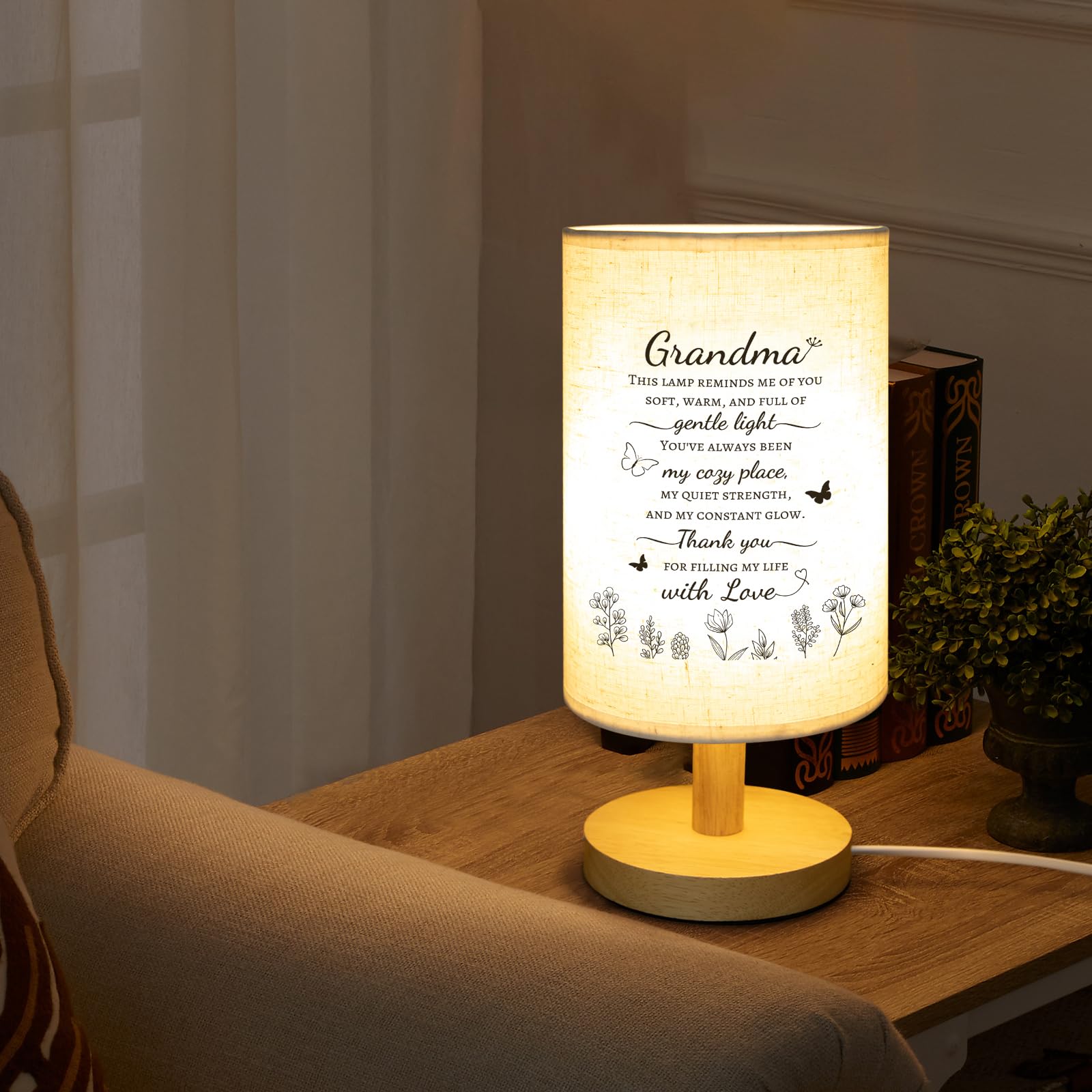 Calibron Fabric Table Lamp for Grandma - White, Wooden Stand, Model: Grandma