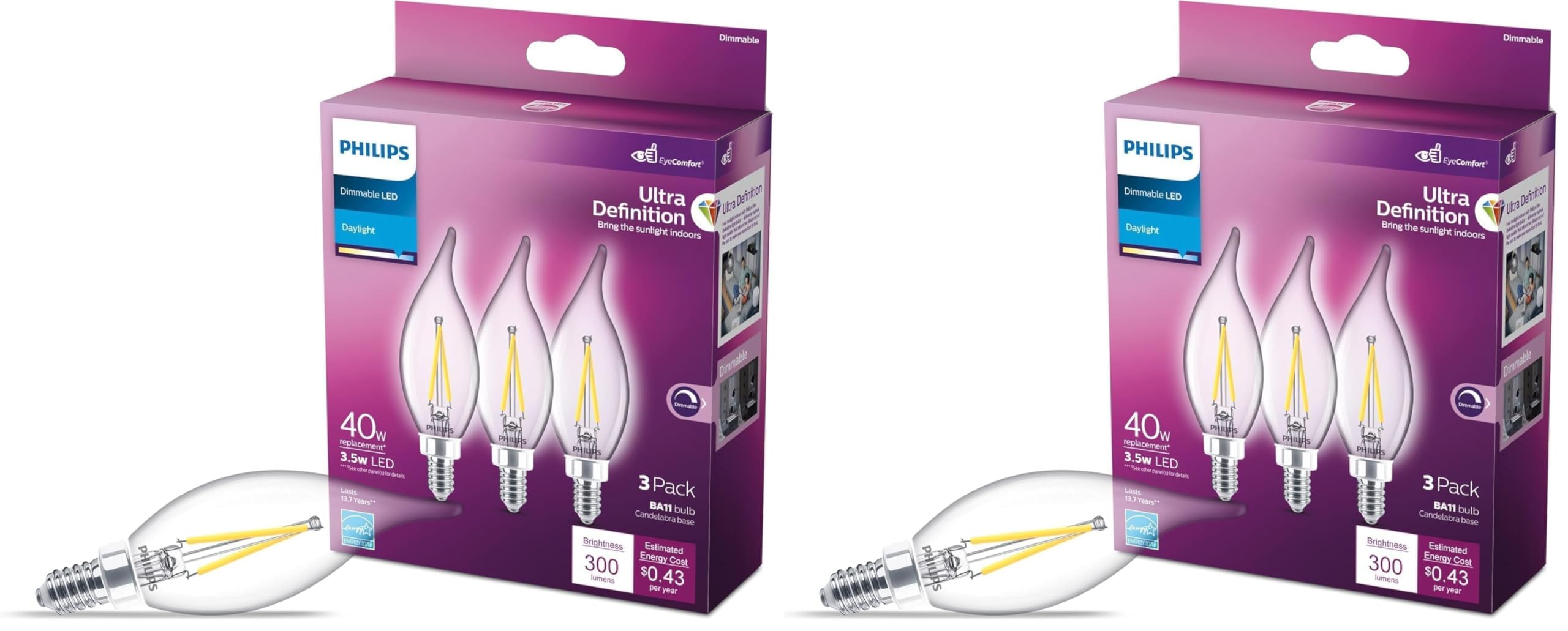 Philips LED BA11 Candelabra LED Light Bulbs - Flicker Free 60w Light Bulbs with EyeComfort Technology - Daylight 5000K Lightbulb