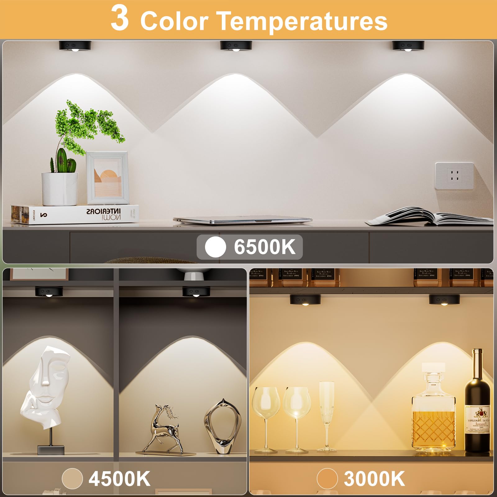 Rechargeable Puck Lights With Remote, 3 Colors Under Cabinet Lighting Wireless, 1500Mah Led Push Lights With Timer & Dimmer, Sti