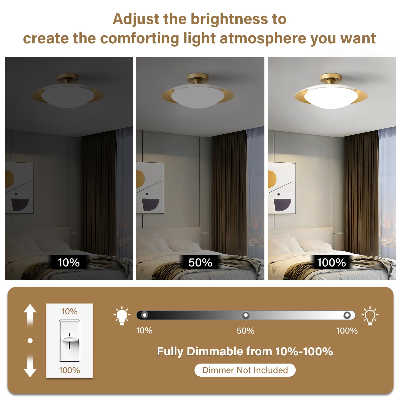 Zuyurt Dimmable Mid Century Modern Ceiling Light 5Cct Led White And Gold Semi Flush Mount Ceiling Lighting  For Kitchen Bedroom Hallway Bathroom 2700K-6000K 15.75 In