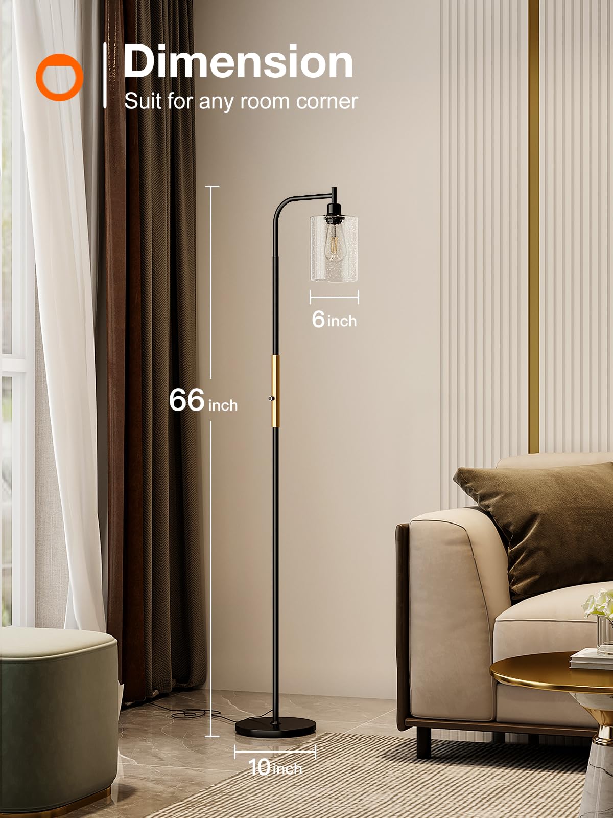 Addlon Floor Lamps For Living Room With Seeded Glass Shade, Dimmable Floor Lamp Industrial Lamp With Bright Led Bulb, Standing L