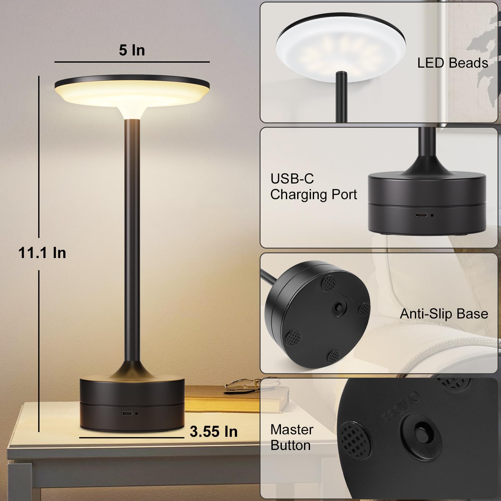 Frideko Home 2 Pack Cordless Table Lamp, Rechargeable Lamps Battery Powered Portable Led Desk Lamp 3 Color Touch Dimmable Lamp F