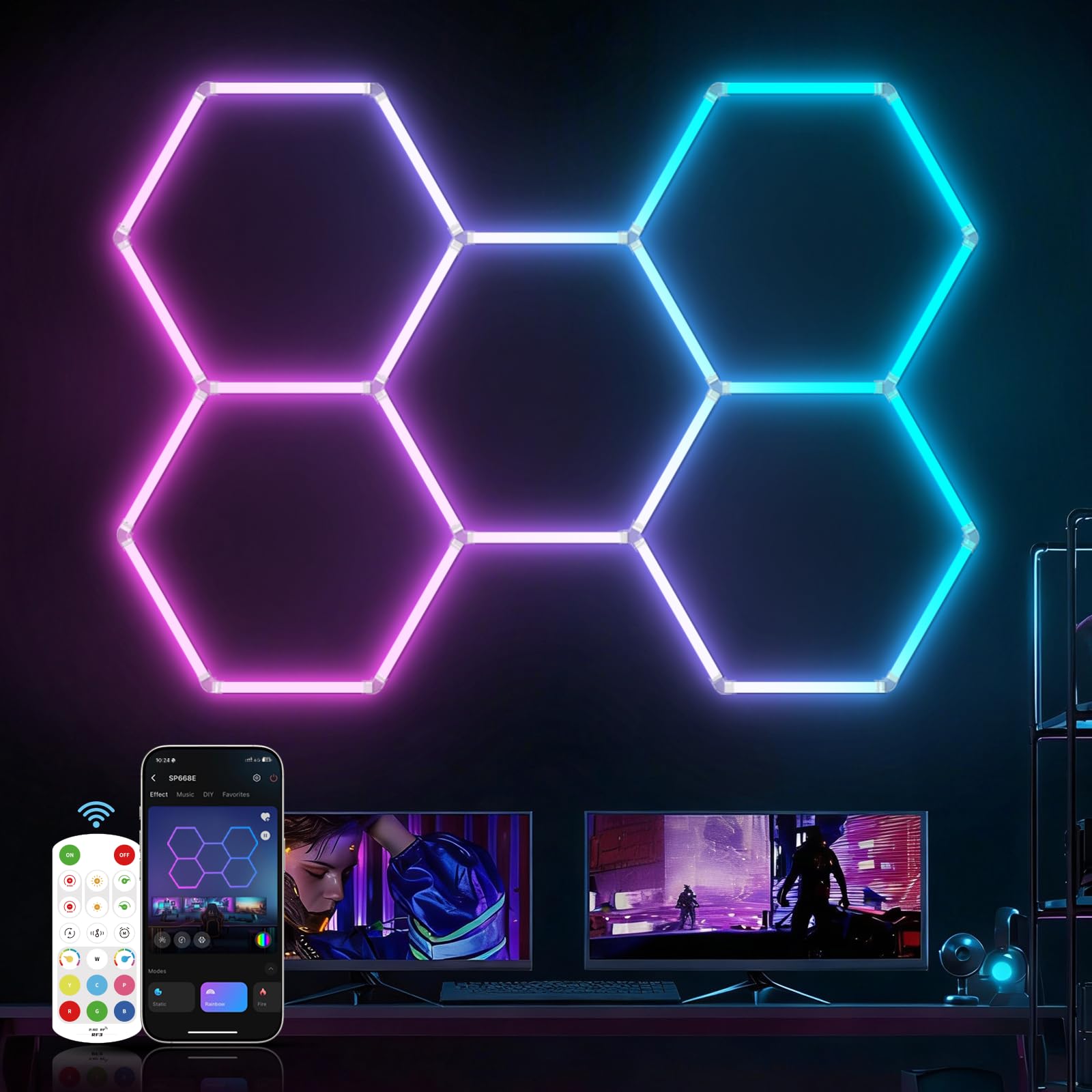 HYPERLITE Hexagon Garage Lights: 5 Grid RGB Hexagon LED Lights with Music Sync Mode, App & Remote Control, Multi-Color Honeycomb