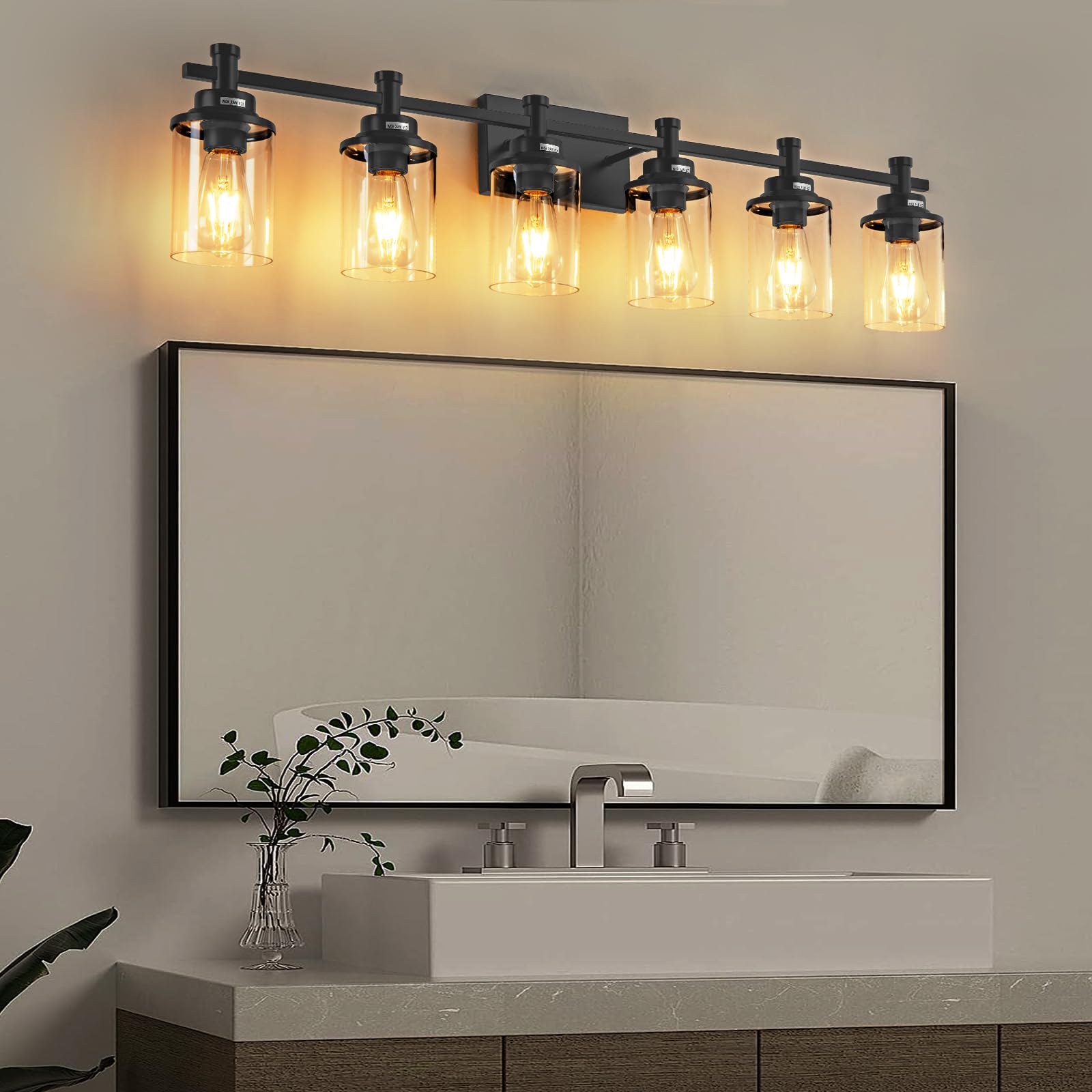 Aixialin Modern Black Bathroom Vanity Lighting Over Mirror,6 Lights Bathroom Vanity Lights With Clear Glass Shade, Metal Vanity