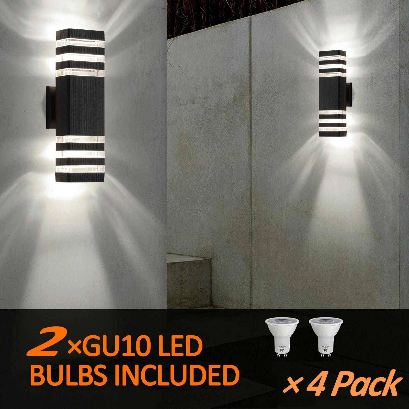 Tewei 4 Pack Outdoor Wall Lights, Modern Waterproof Aluminum Up/Down Porch Fixtures, Black