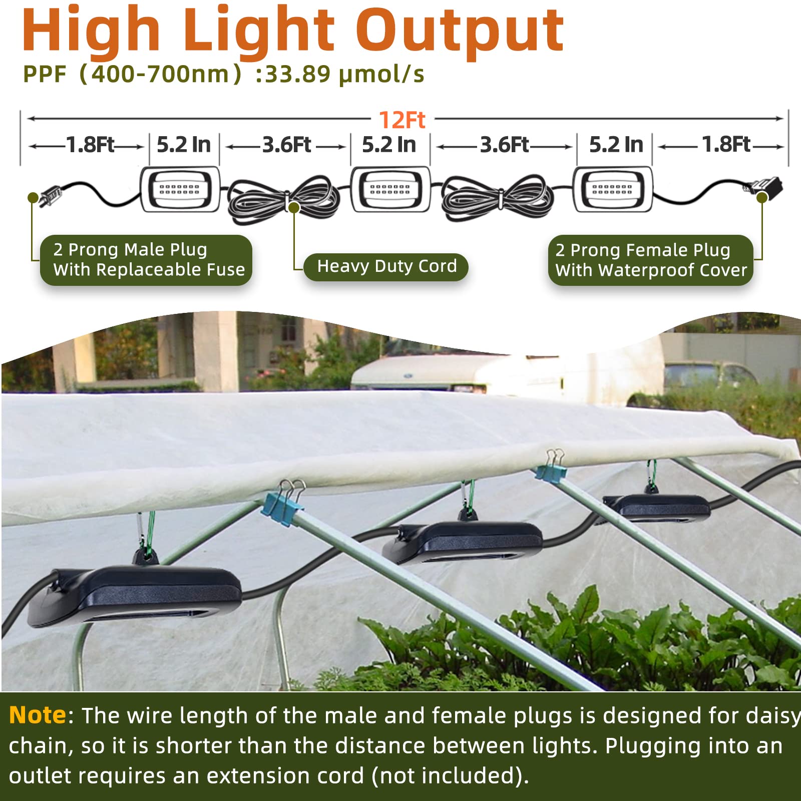 Owleye 12Ft Led Grow Lights String, Ip65 Waterproof, Full Spectrum, 2-Pack For Outdoor Garden