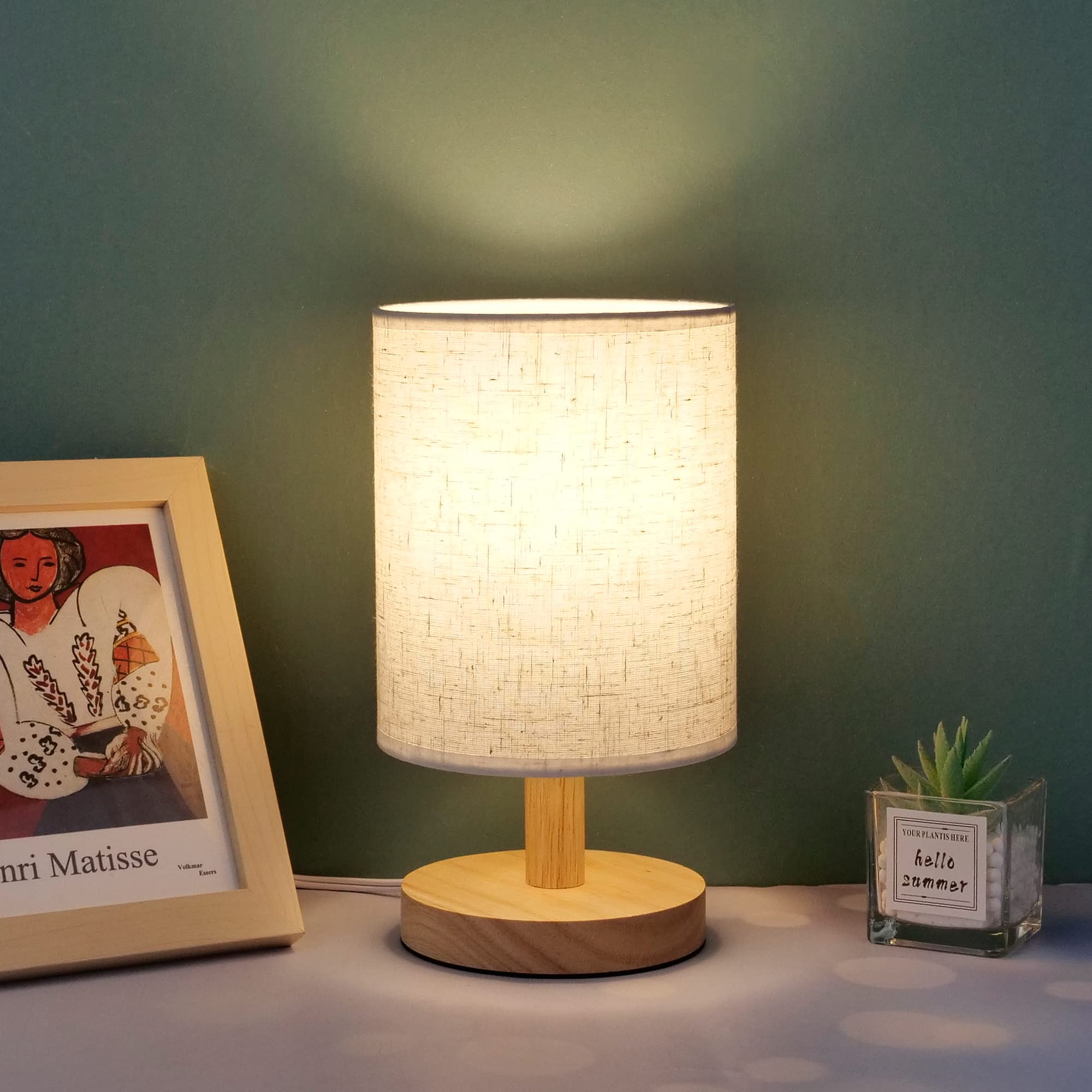 Achuai Small Table Lamp-Wooden Bedside Lamp Simple Bedroom Lamp Linen Shade Mini Desk Lamp Night Light Nightstand Lamp For Bedroom,Living Room,Kids Room (Including Led Bulbs) (Round)
