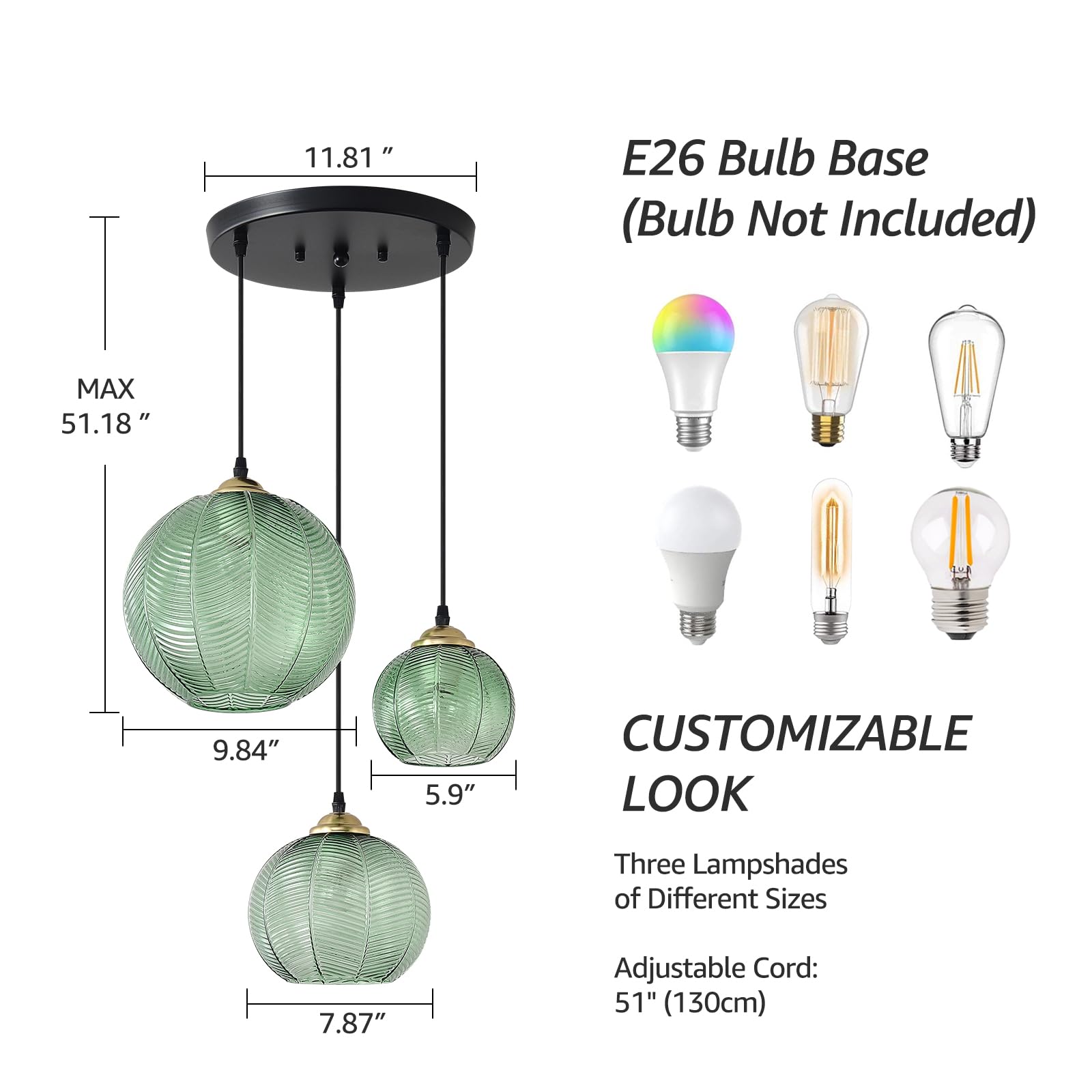 TESTOYS 3-Light Glass Globe Pendant Light - Vintage Green Ribbed Chandelier for Kitchen Island, Dining Room, Model NGDD-3-HL
