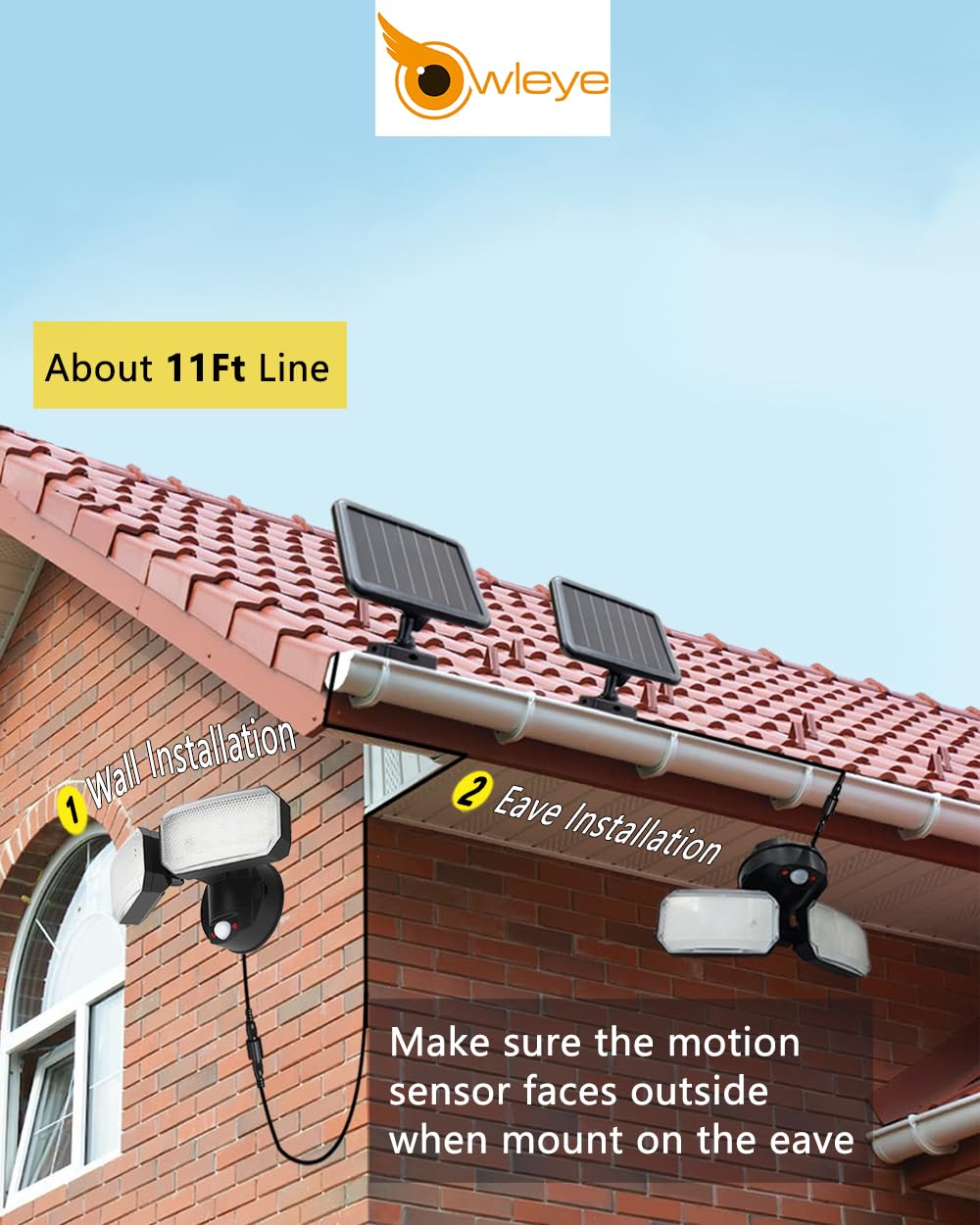 Owleye 2500Lm Led Solar Flood Lights Outdoor With Motion, Ip65 Waterproof Security Light With 2 Adjustable Head, 3600Mah 3.2V Ba