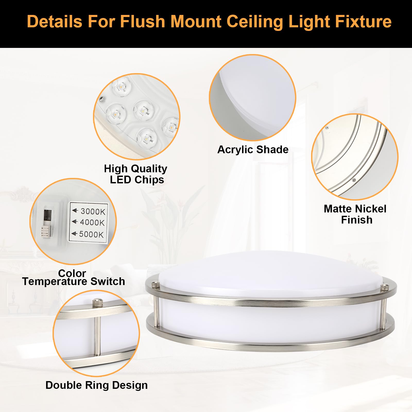 Enateclite 14 Inch Led Flush Mount Ceiling Light Fixture, 3000K/4000K/5000K Adjustable Ceiling Lights, Dimmable Lighting For Bat