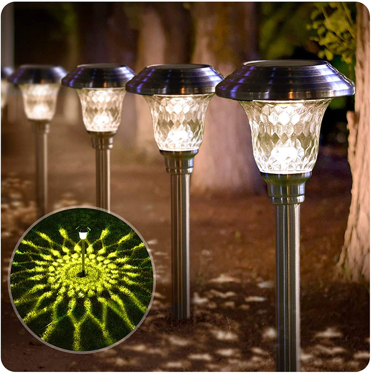 Beau Jardin 4 Pack Solar Lights Pathway Outdoor Waterproof Supper Bright Up To 12 Hrs Glass Stainless Steel Metal Auto On/Off So