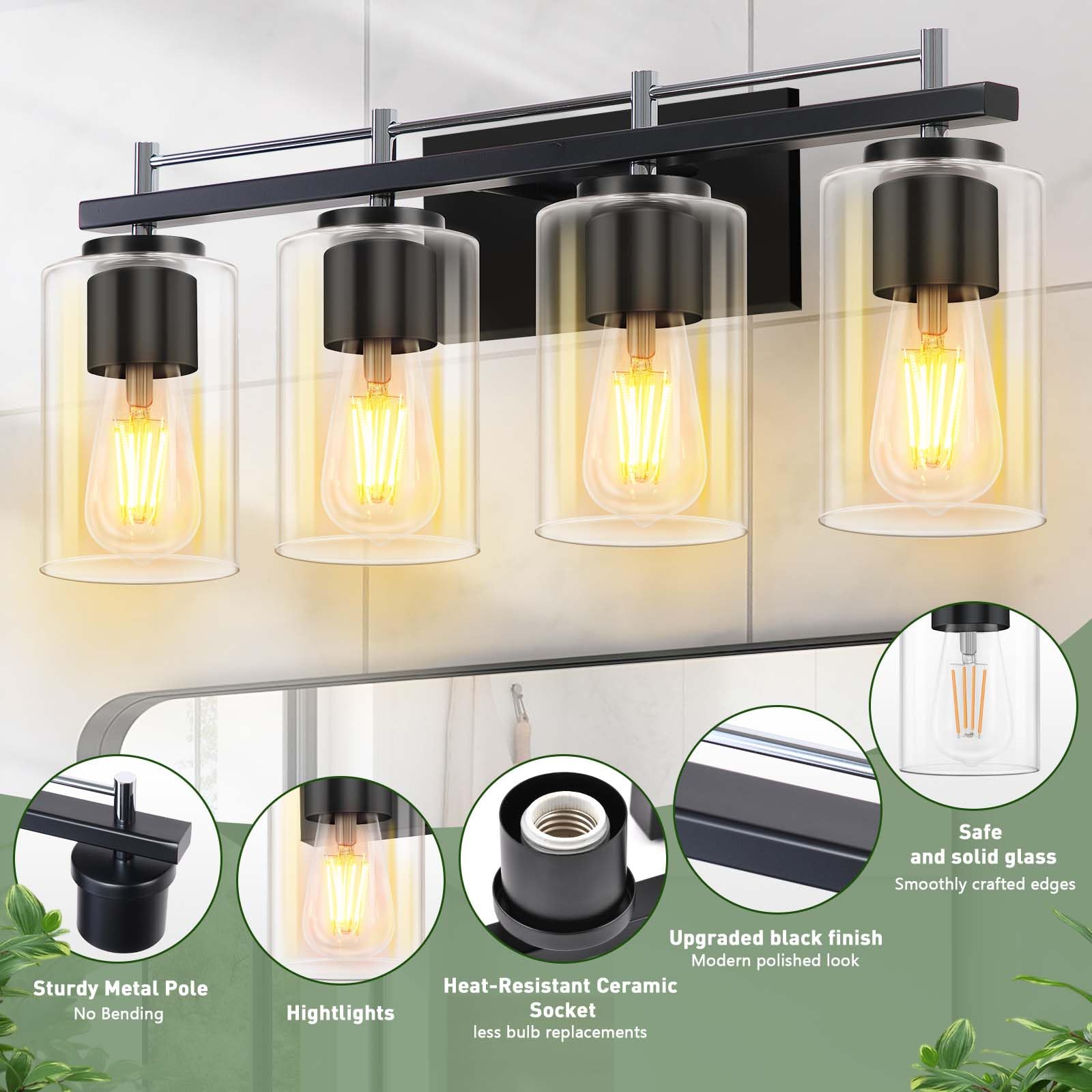 LWSOY 4-Lights Bathroom Light Fixtures, Modern Metal Vanity Light, 24 Inch, Black & Silver with Clear Glass Shade