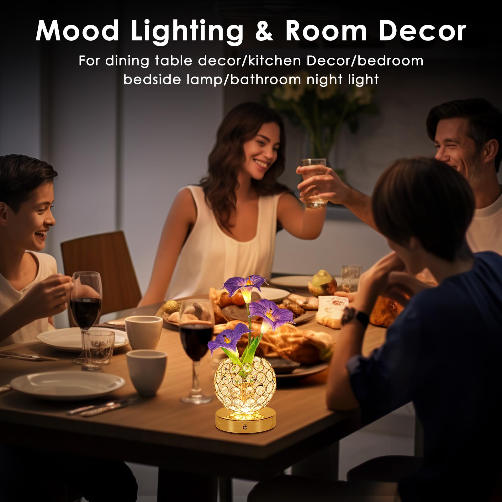 Lazzgan Morning Glory Flower Lamp - Rechargeable Touch Table Lamp, Dimmable LED, 4.72x8.26x9 inches, Purple, Model MGFL001