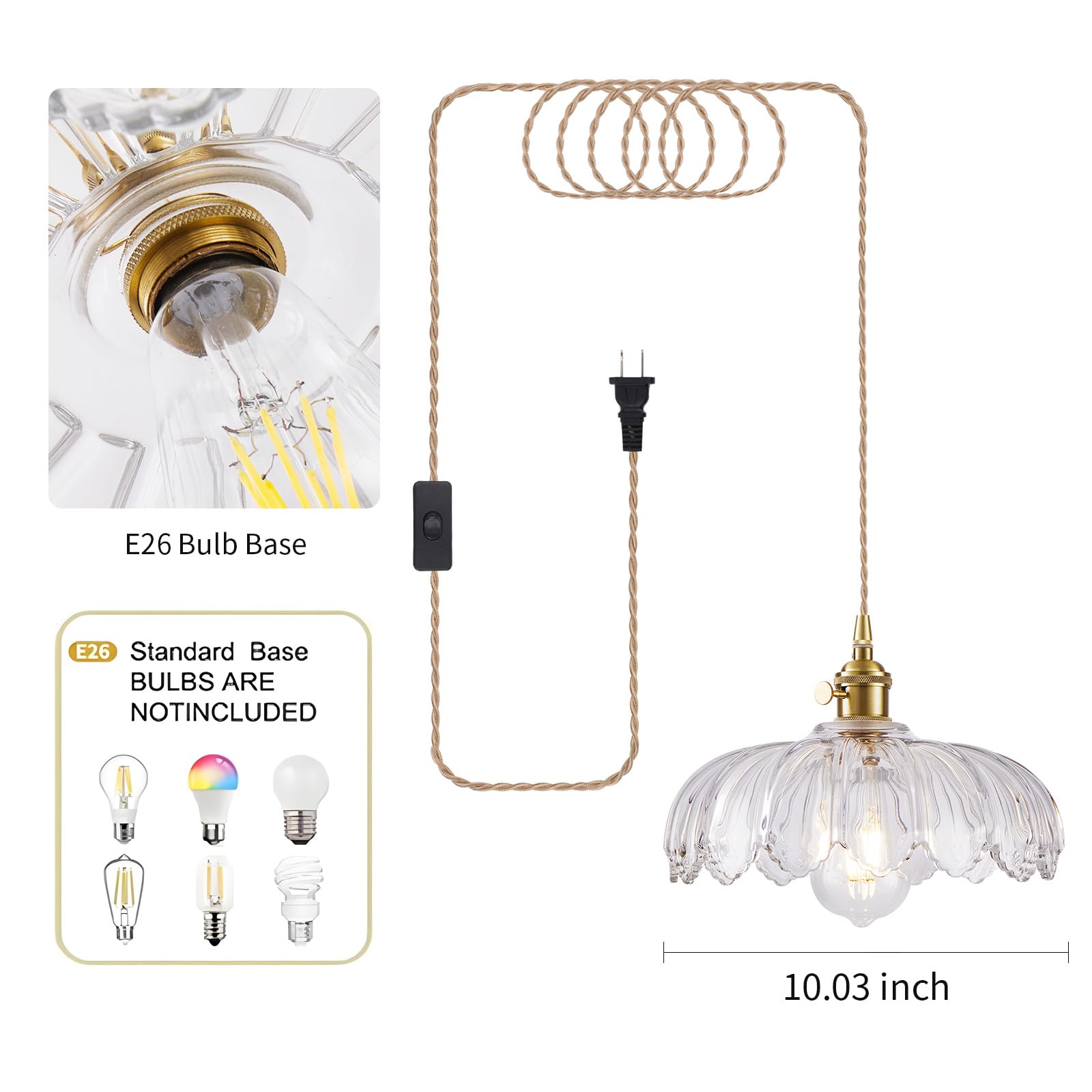 Beserwin Plug In Pendant Light  Hanging Lights With Plug In Cord  Hanging Light Fixture With Green Glass  E26 Pendant Lighting For Kitchen Island  Bedroom  Dining Room-Clear