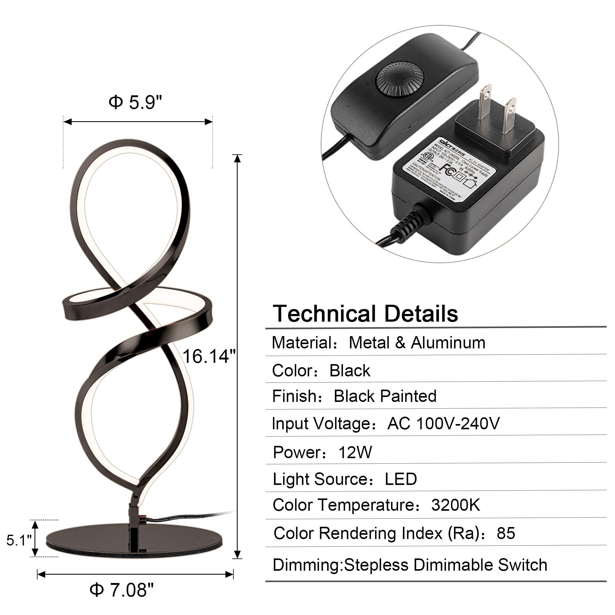 Mayful Modern LED Spiral Table Lamp, 12W, 3200K Warm White, Black Aluminum, Model 6606-1TB-A08