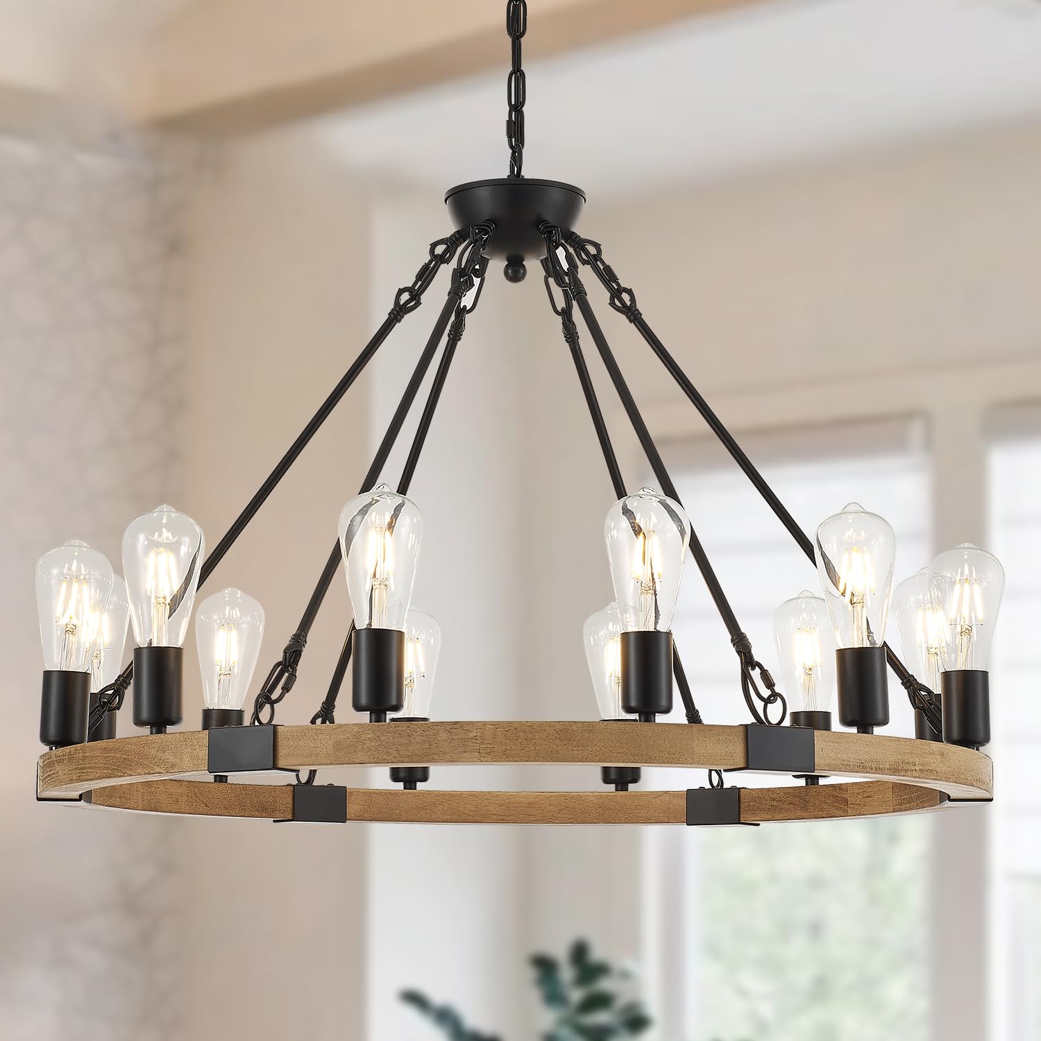 Brfaixla 12-Light 31.5'' Wooden Wagon Wheel Chandelier Natural Farmhouse, Rustic Black Metal Ceiling Pendant Chandelier Vintage 