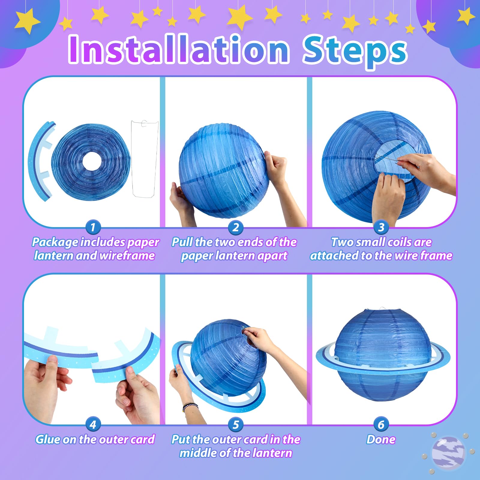 Fontien 8 PCS Planet Paper Lanterns - 12 Inch Outer Space Party Decorations, Solar System Design for Kids' Space Theme Birthday Parties