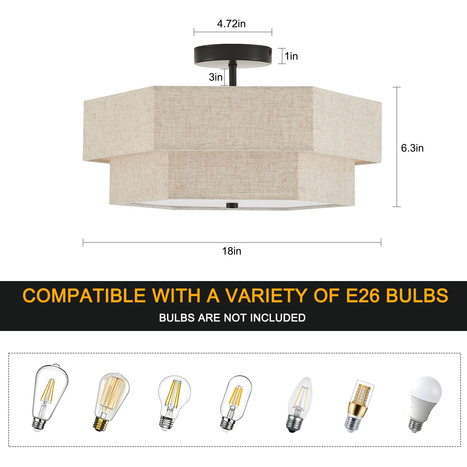 Widluth Modern Black Drum Ceiling Light 18" Linen Shade Fixture for Living Room, Bedroom, Kitchen, Dining Room, Hallway - Model XT208-Black