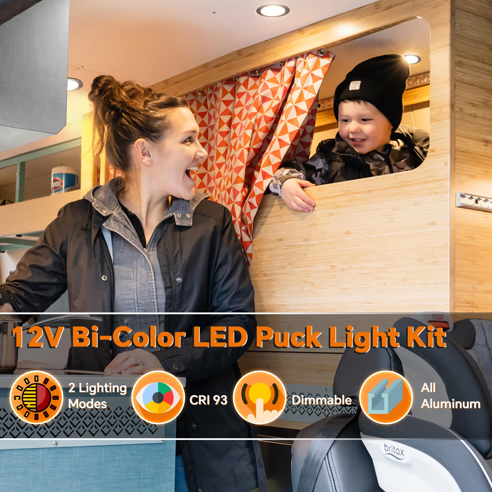 camperxlite 3" Recessed Puck Light Set, 12V Red LED, Aluminum, 4Pcs Black, Warm White, Model CXL-RMPL-3DR