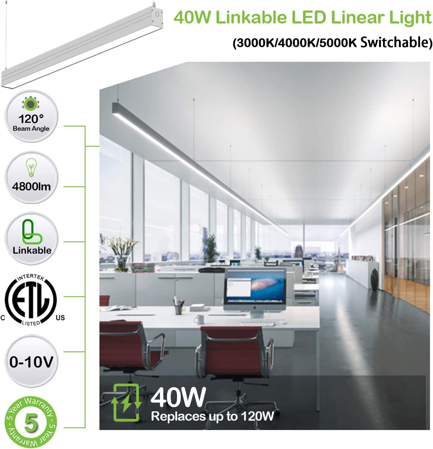 Hykolity Linkable Led Linear Light, 4Ft Dimmable, 40W 4800Lm 3 Cct Selectable, Seamless Connection, Led Suspended Lighting Fixtu