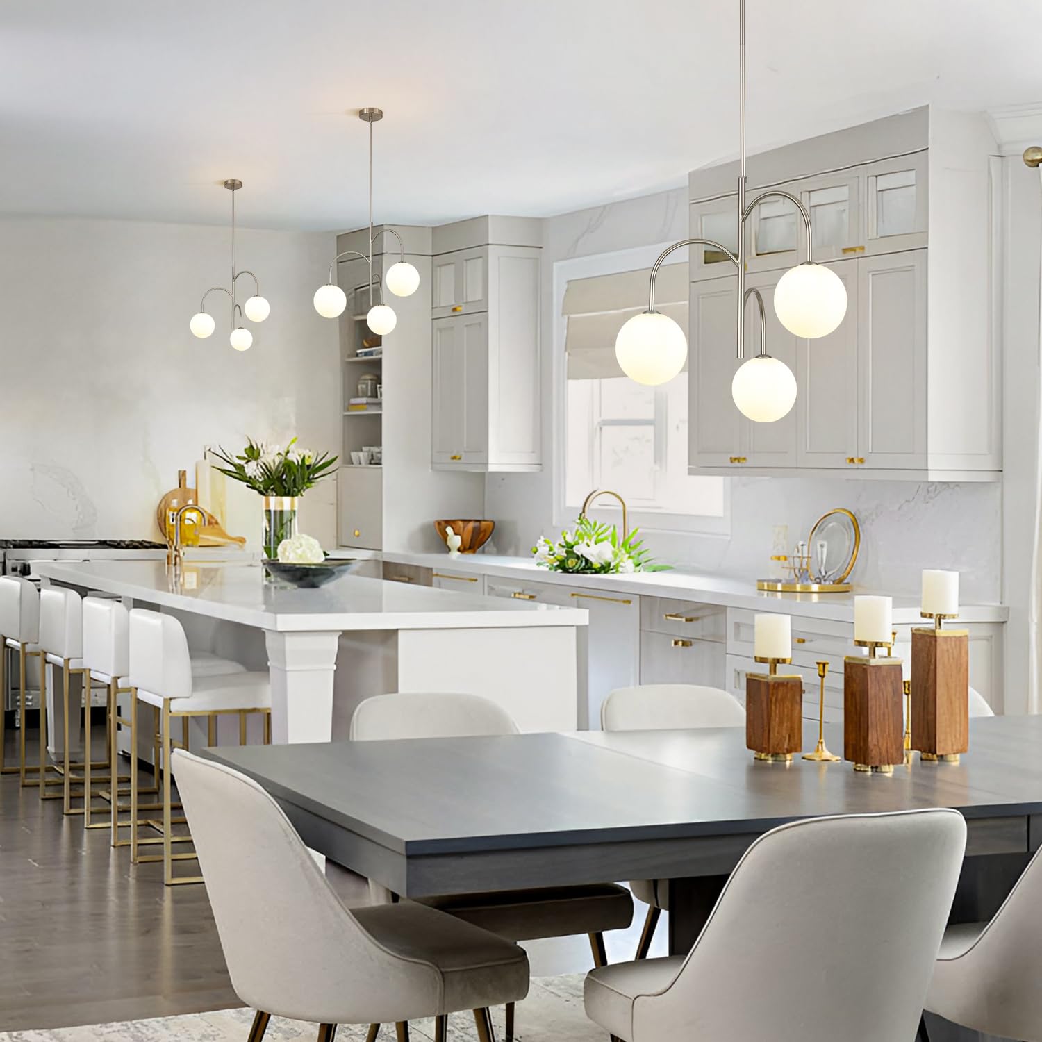 Flyrose Modern 3 Light Brushed Nickel Chandelier Milk Glass Pendant Lights Kitchen Island White Globe Chandelier Light Fixture S