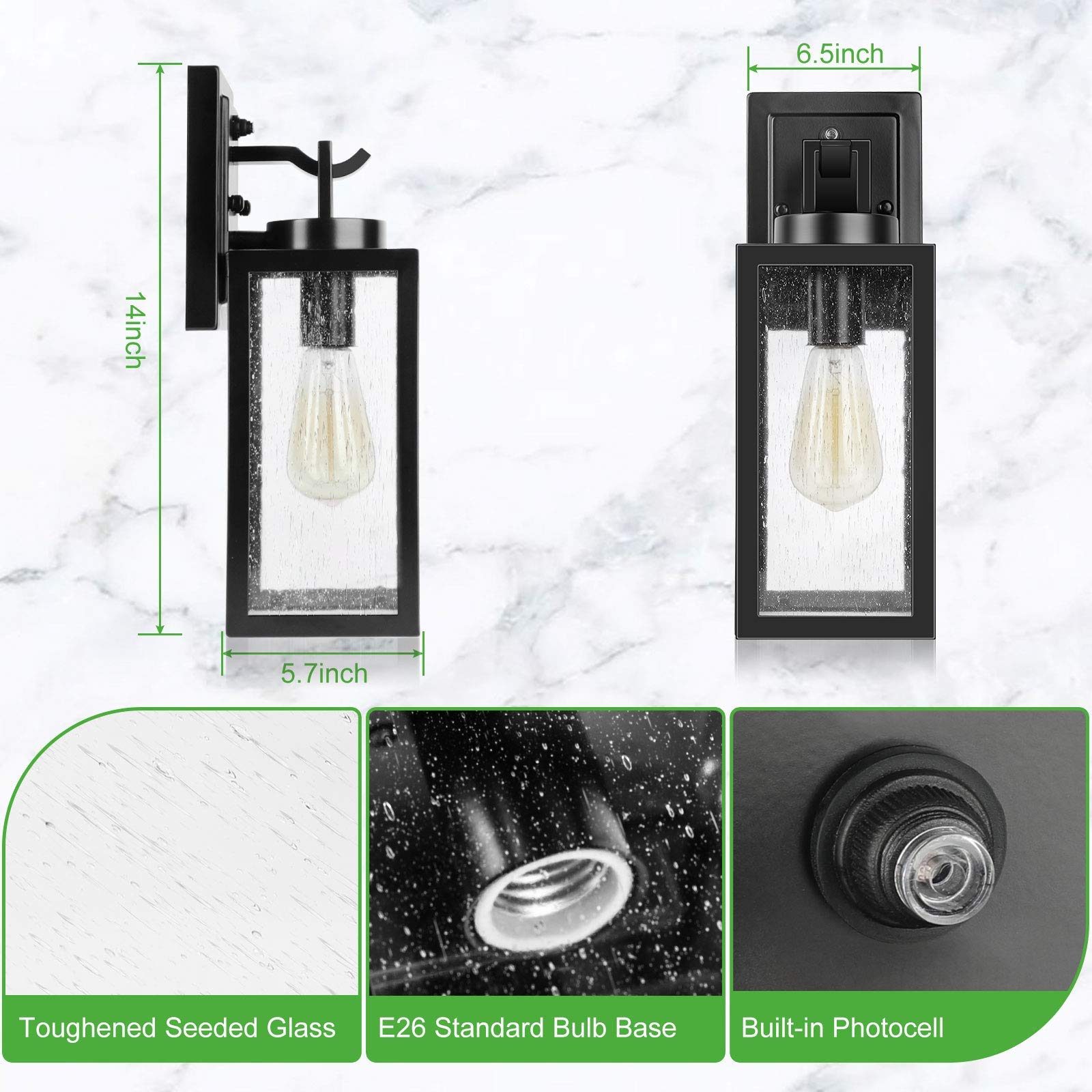 VerRon Outdoor Wall Lanterns, 2 Packs, Dusk to Dawn Sensor, 100% Waterproof, Matte Black, Aluminum, Model B04005PP(2PK)