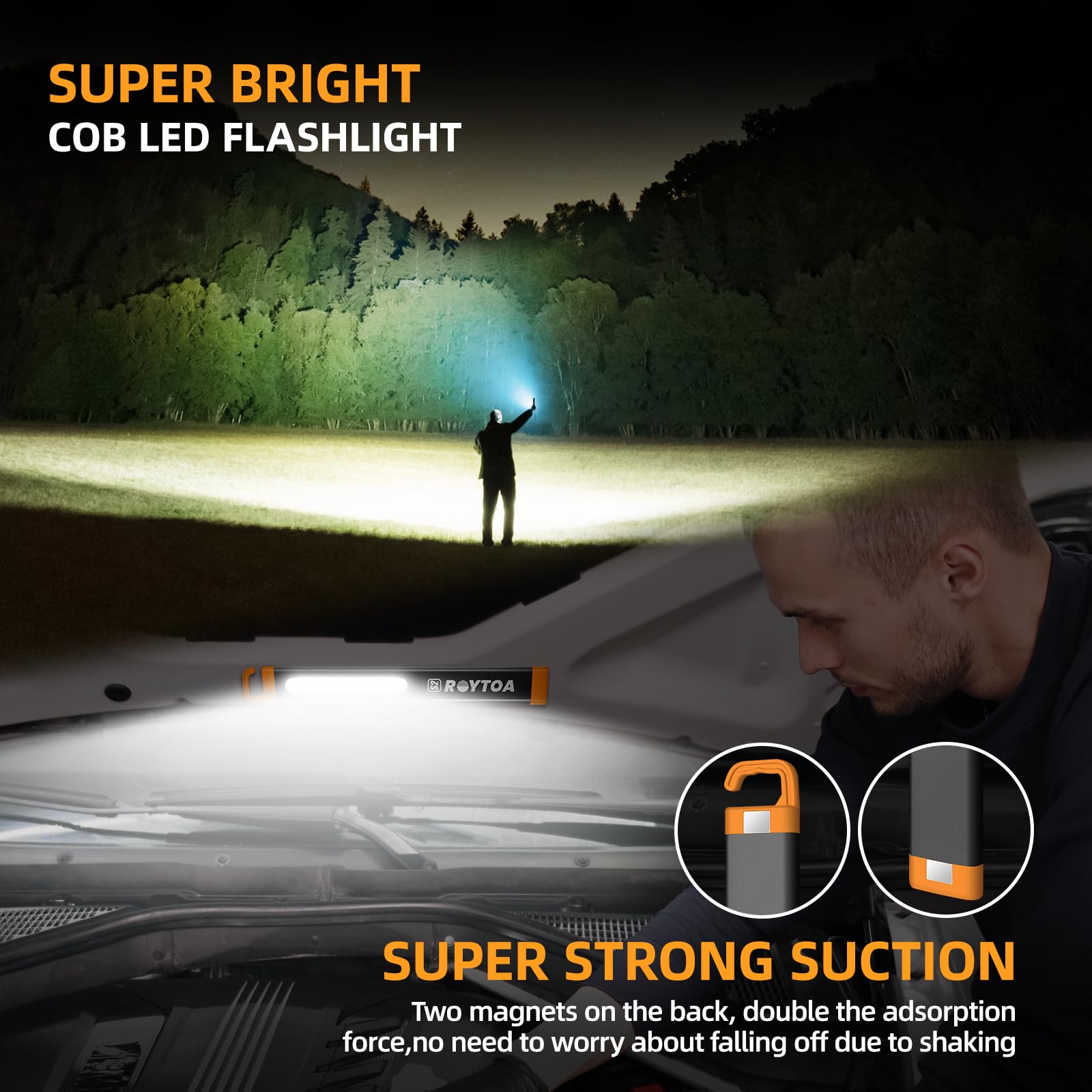 Roytoa Rechargeable Led Flashlights High Lumens, Cob Led Magnetic Work Light With Hook Super Bright Handheld Flashlight For Emergency, Camping, Hiking