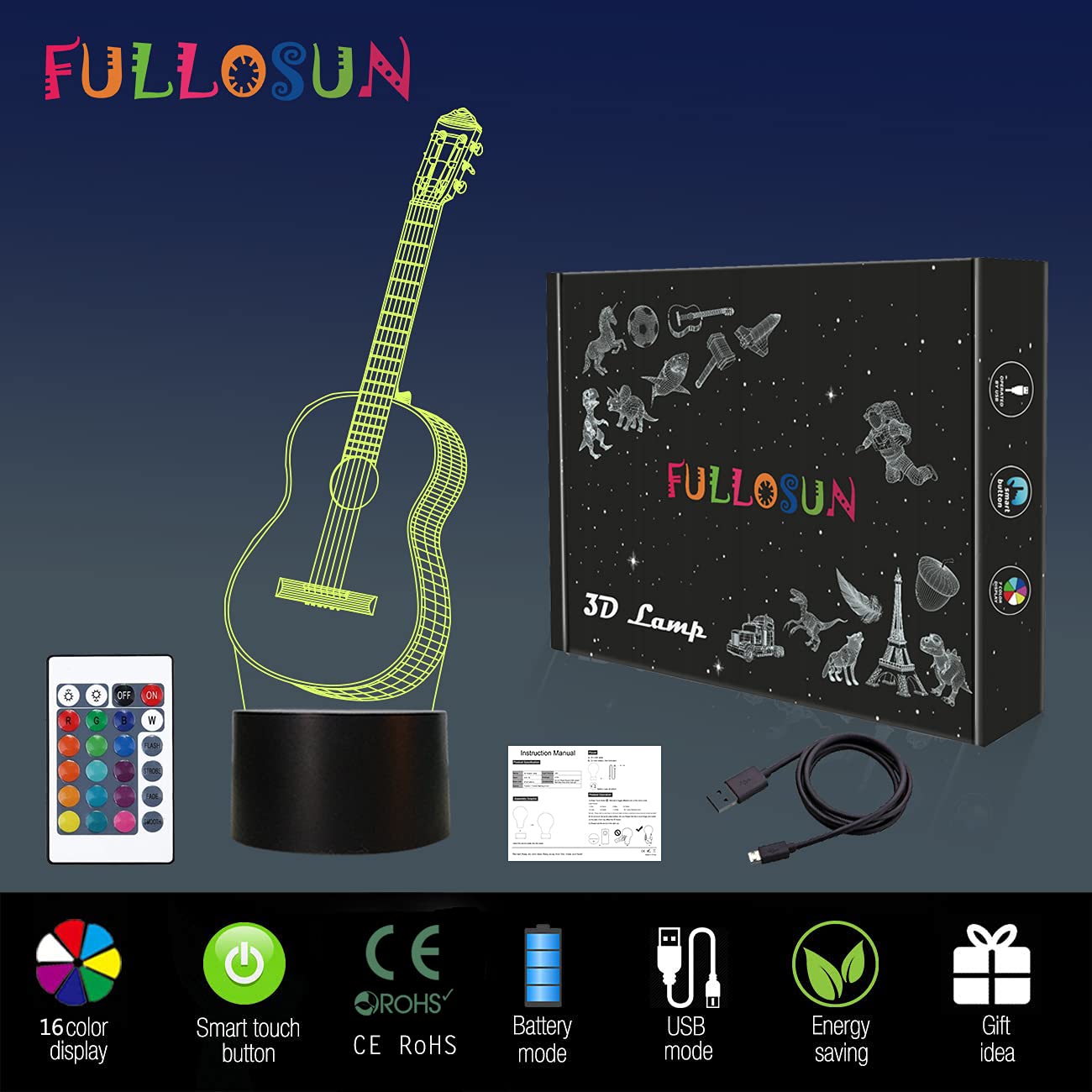 Fullosun 3D Night Light Guitar Gifts For Music Lover, 3D Illusion Lamp With Remote Control &16 Colors Changing Amazing Idea Choi