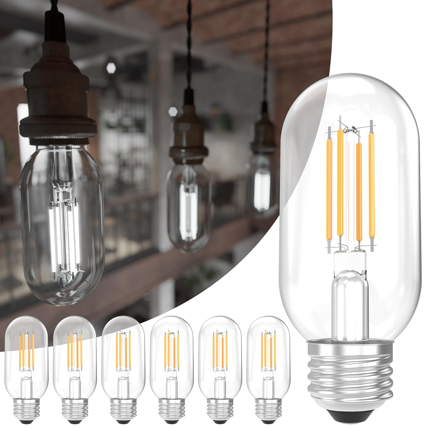 Sunco T45 Edison Bulbs, 60W Equivalent, 7W, Dimmable, 5000K Daylight, Glass, 6 Pack, Medium Base, Wet Rated