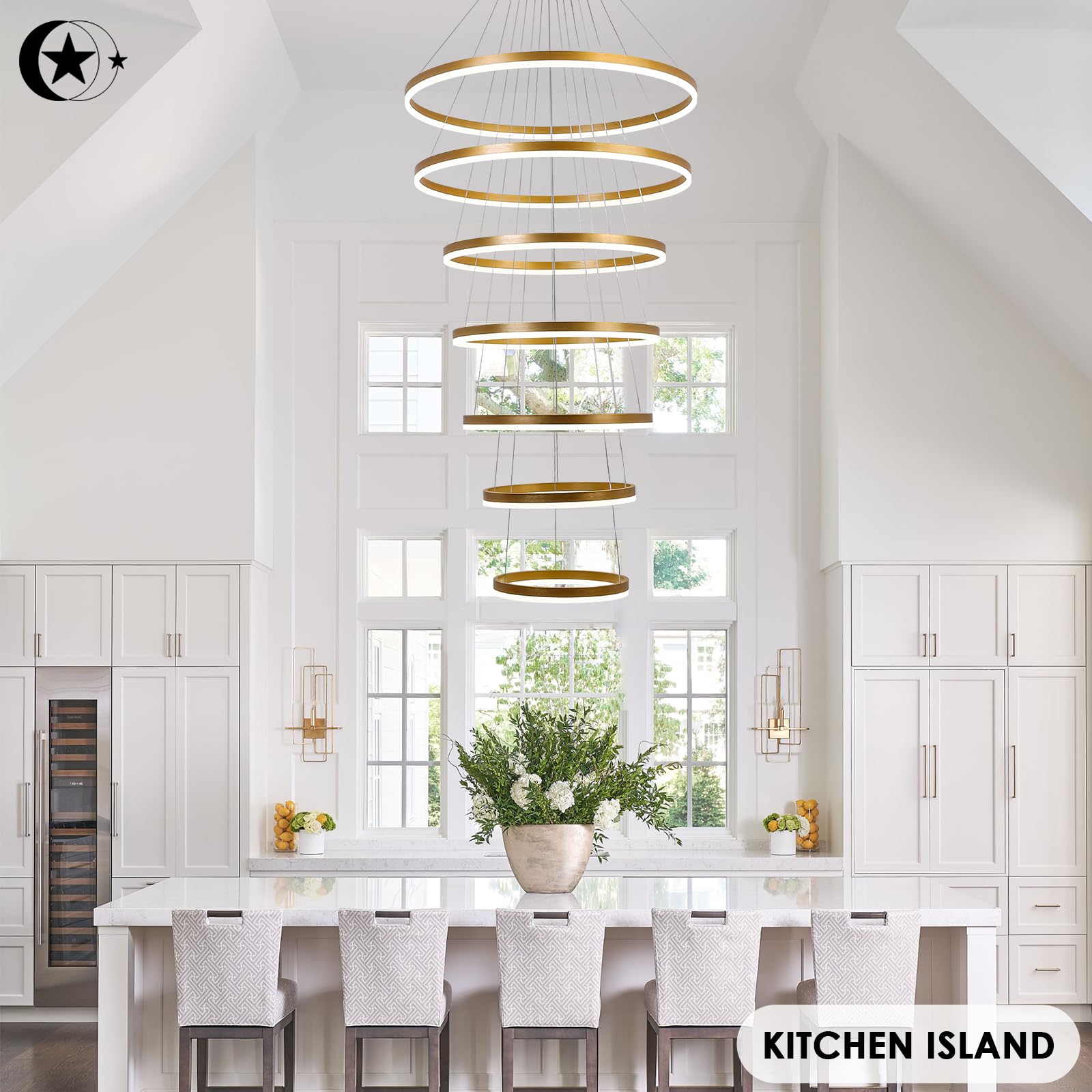 XGZL · LIGHTING 7-Rings Modern LED Chandelier, Gold, 31.5’’ for High Ceilings, Remote Control, 3000K-6000K,