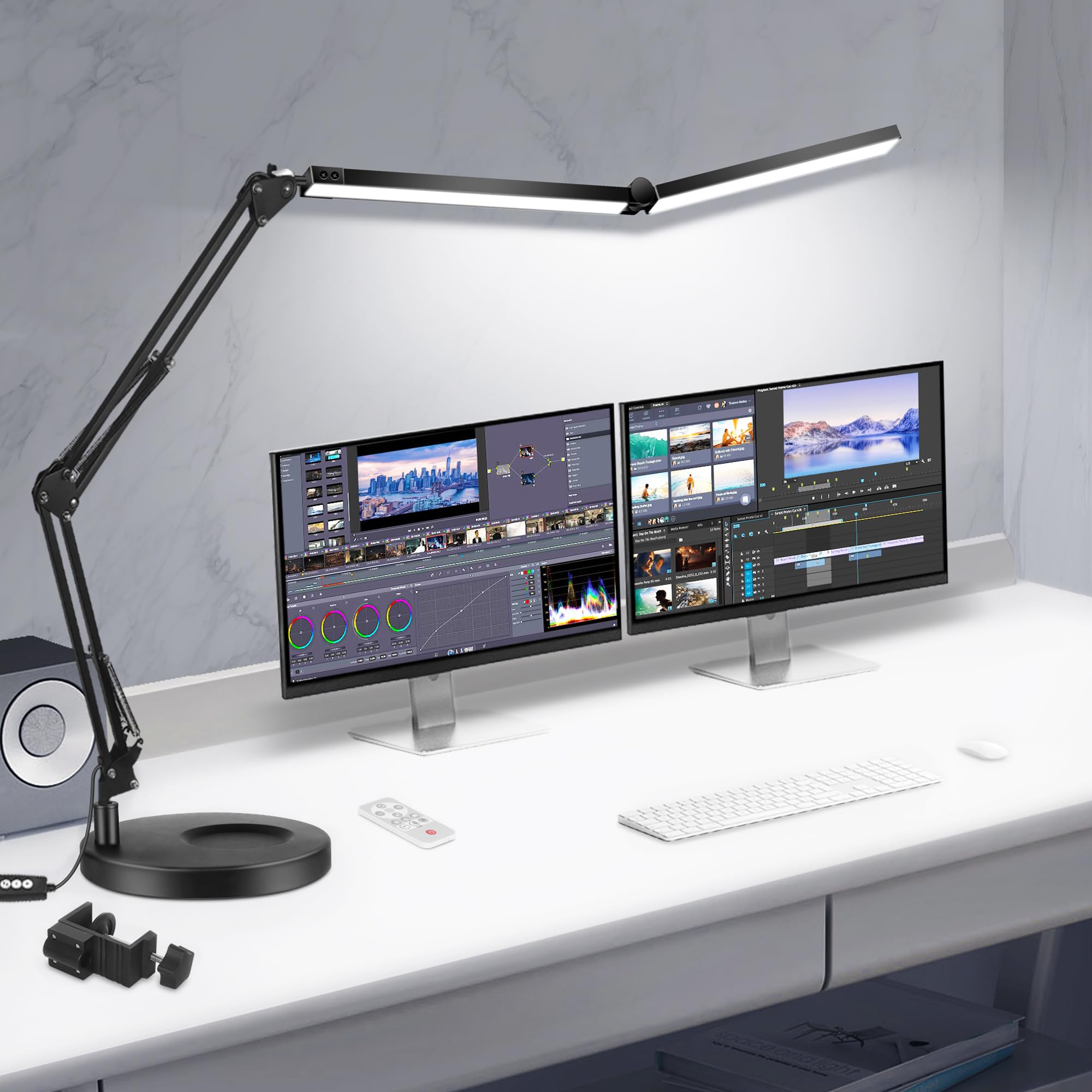 Toolour Led Desk Lamp, 2-In-1 Double Head, Dimmable, Clamp Base, Remote Control, Black