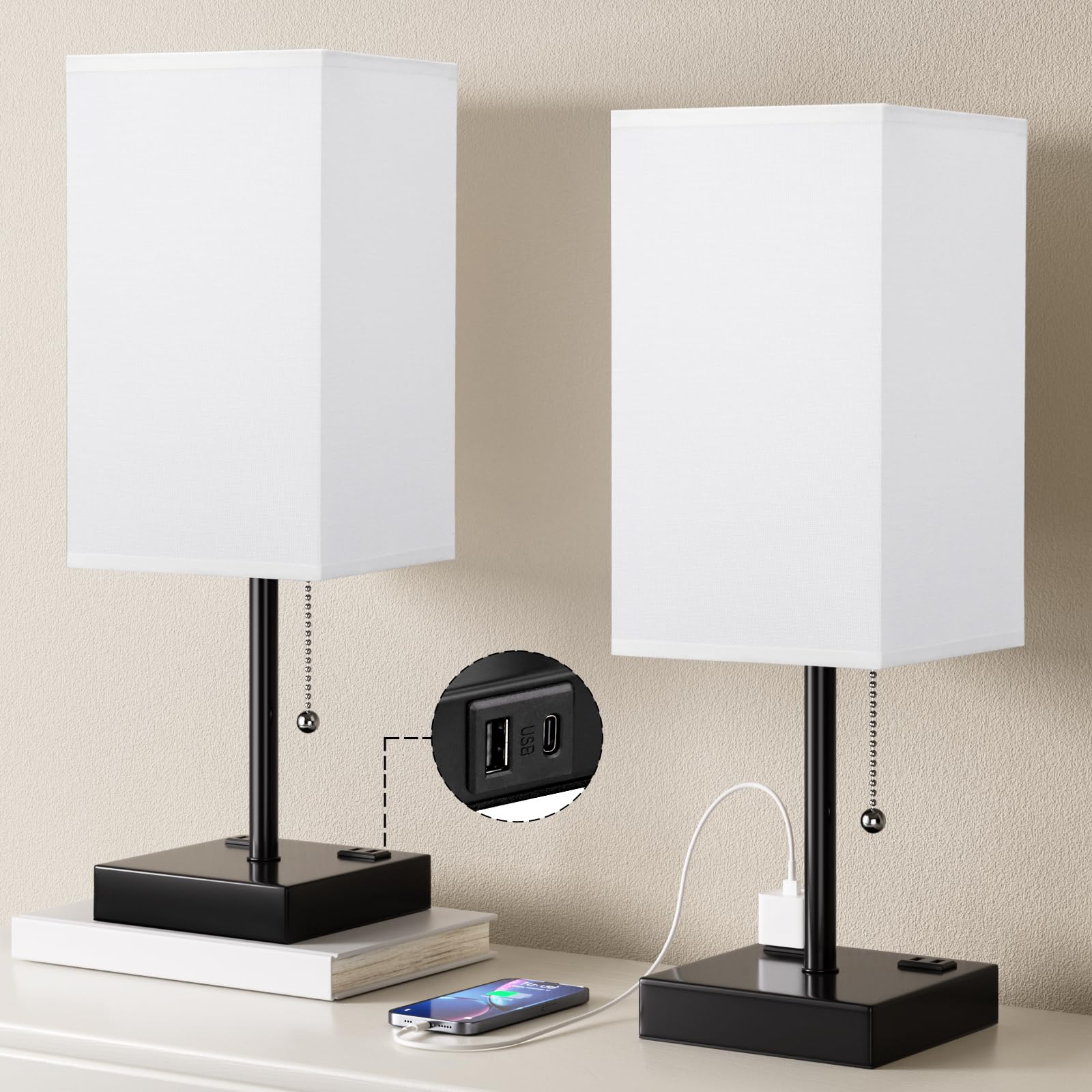 Plus Bedside Table Lamps Set of 2 - White Bedroom Lamps with 3 Colors (3000K/5000K/4000K), Square Nightstand Lamps with USB C + 