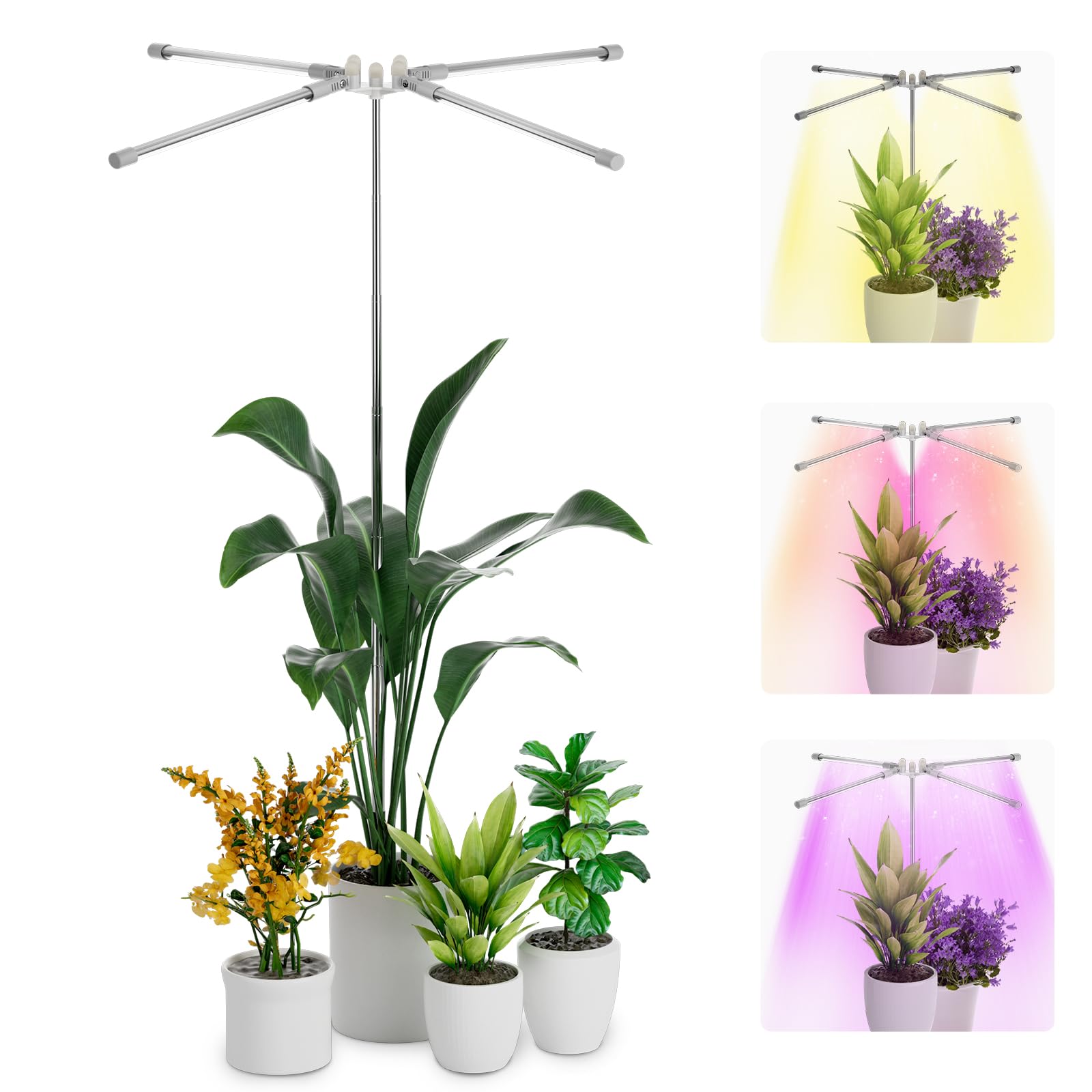 YUYMIKA Plant Grow Light with 4 Adjustable Light Strips- 96LED Grow Light for Indoor Plants with Full Spectrum Mode, 11.8~59 inch Height Adjustable and 3/9/12H Timer, 5V3A US Plug Included