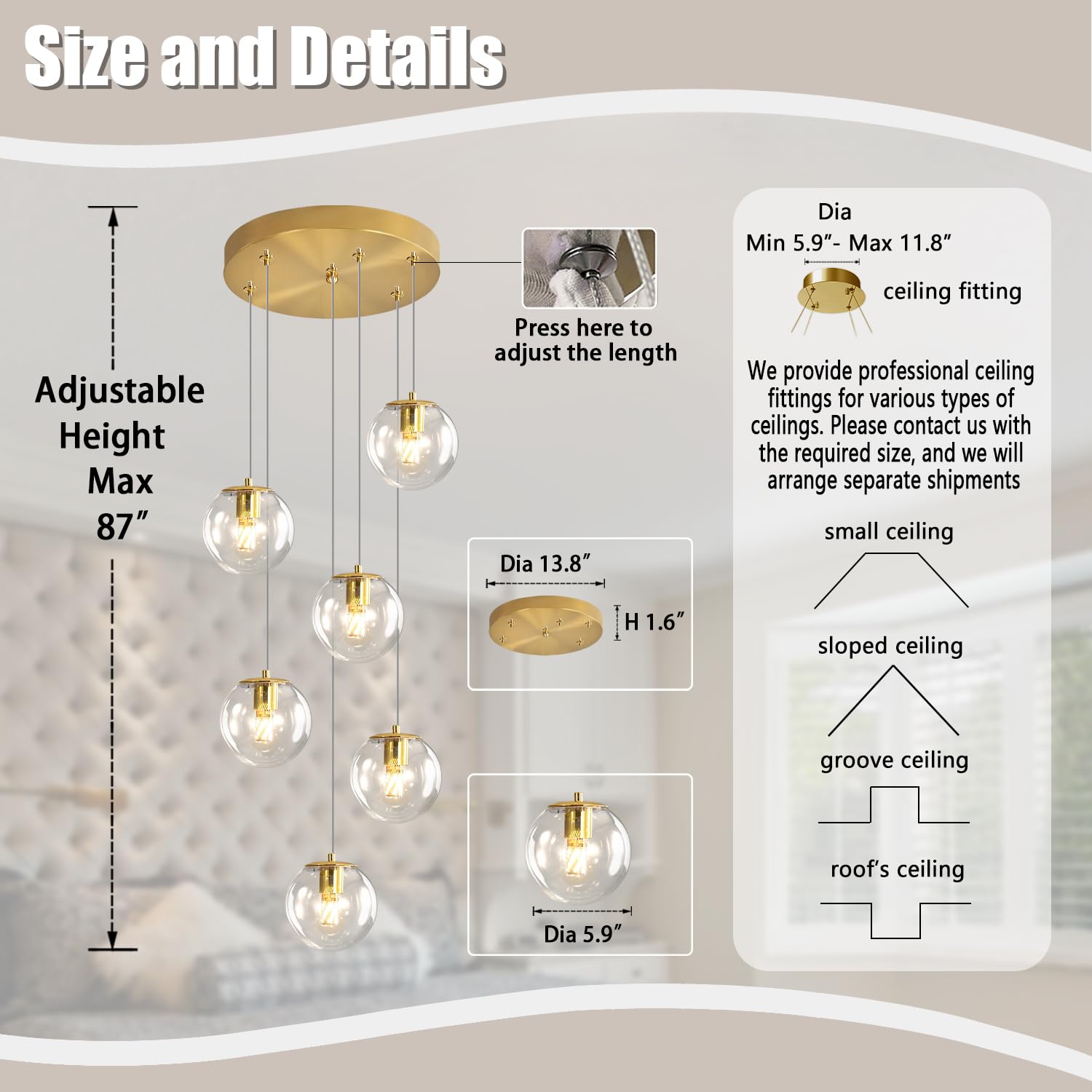 Ykolupty 6-Light Led Staircase Modern Glass Globe Pendant Light Gold Chandeliers Large Chandeliers For High Ceilings, Entryway L